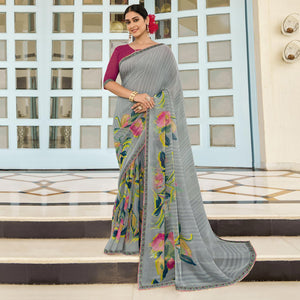 Grey Partywear Floral Printed Georgette Saree - Peachmode