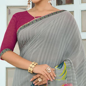 Grey Partywear Floral Printed Georgette Saree - Peachmode