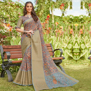 Grey Partywear Floral Printed Linen Saree - Peachmode