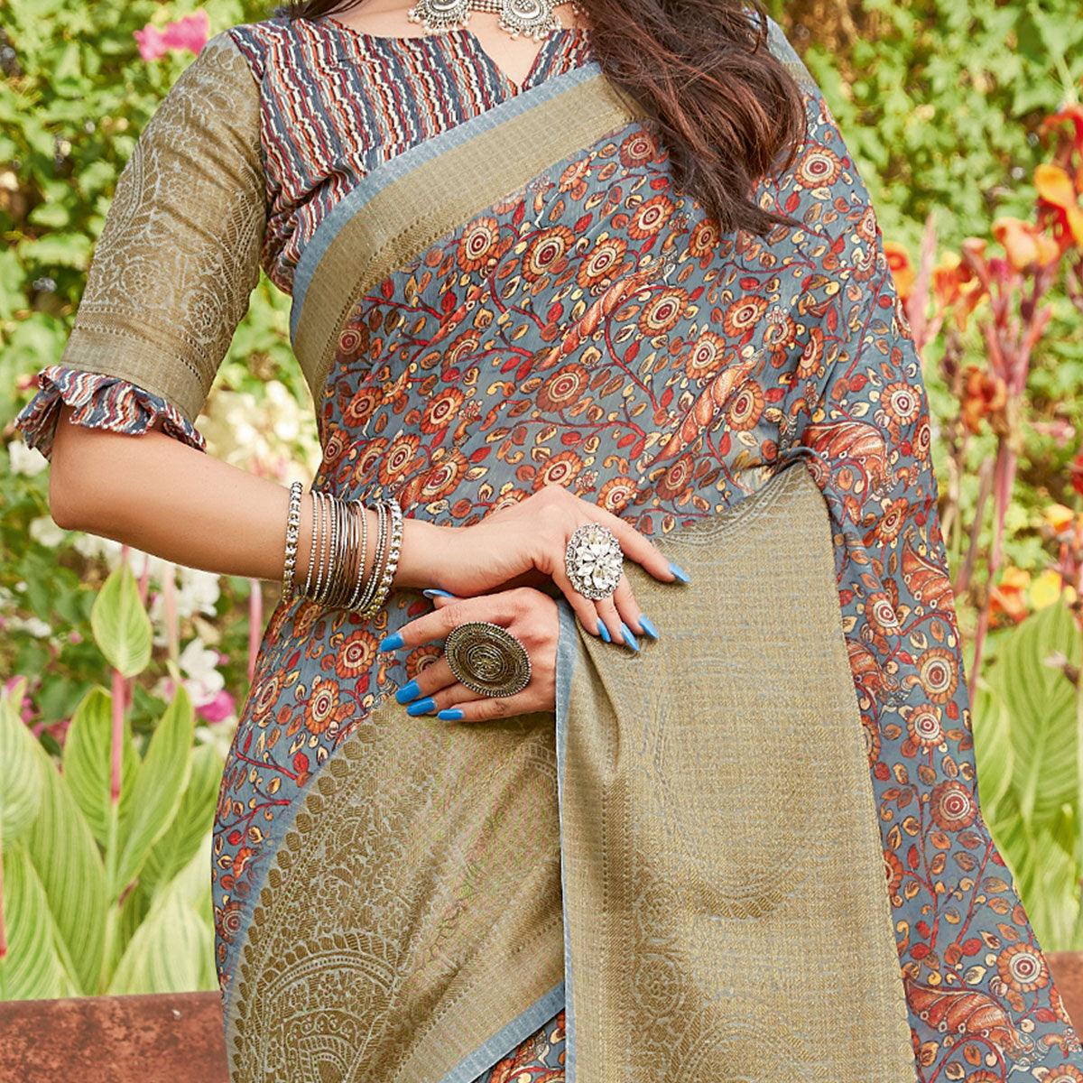 Grey Partywear Floral Printed Linen Saree - Peachmode