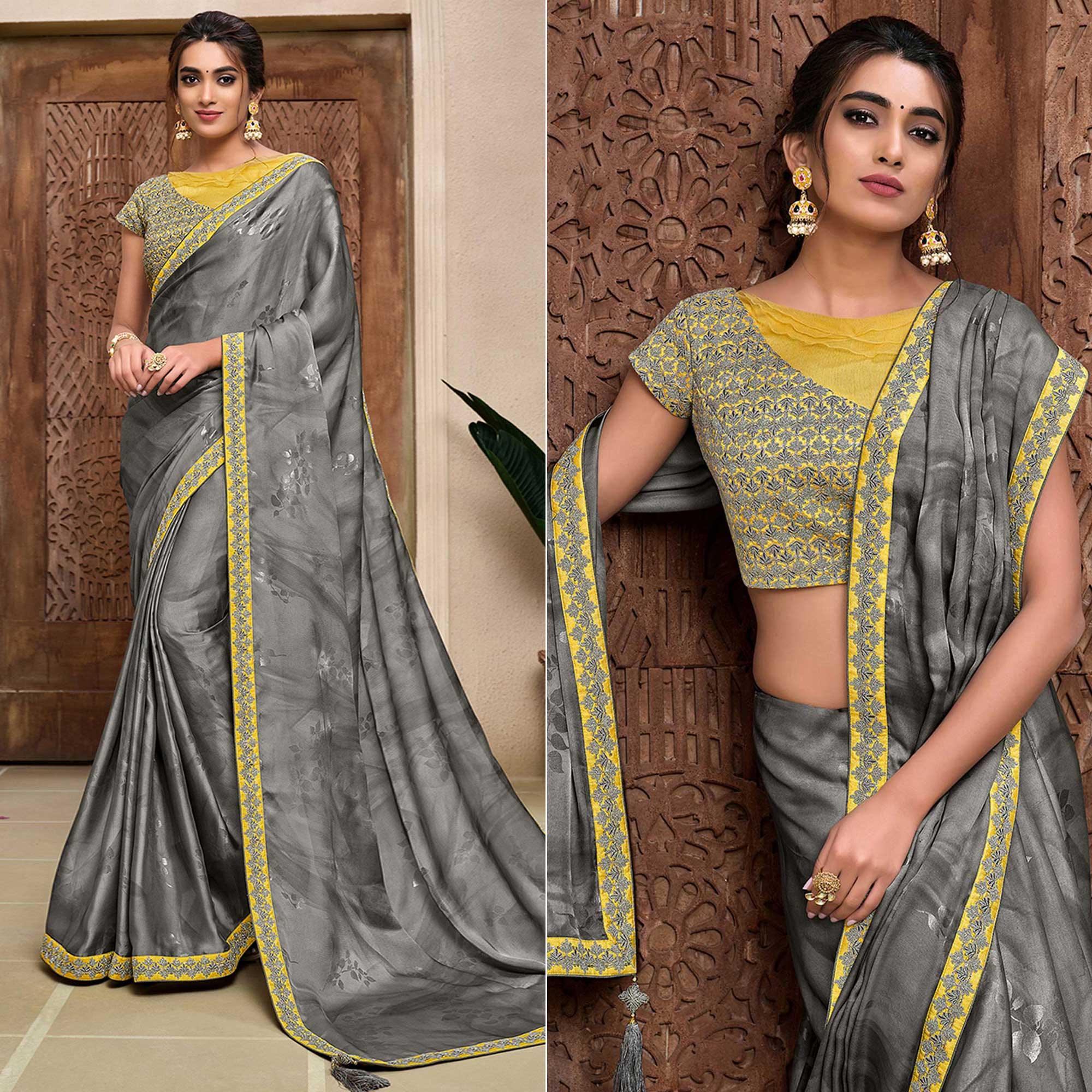 Grey Partywear Foil Printed & Resham Embroidered Satin Saree - Peachmode
