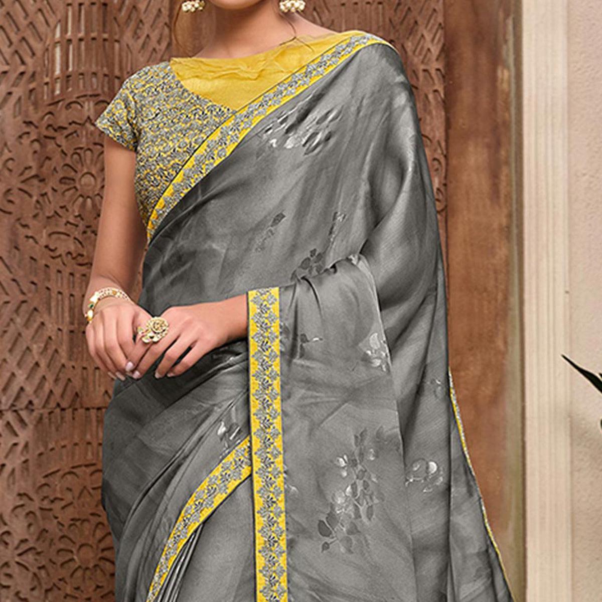 Grey Partywear Foil Printed & Resham Embroidered Satin Saree - Peachmode