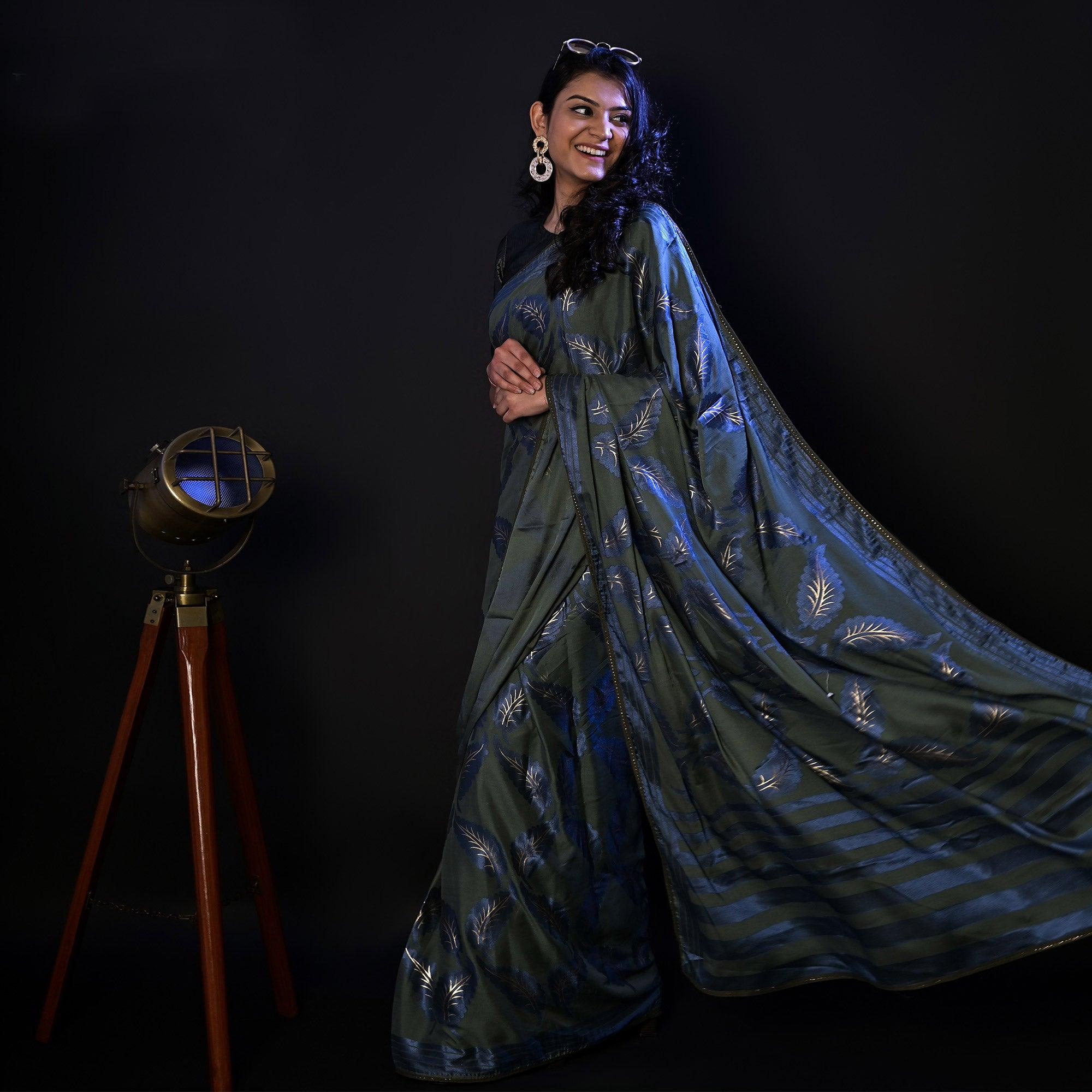 Grey Partywear Foil Printed Diamond Lace Brasso Saree - Peachmode