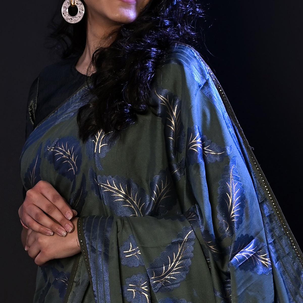 Grey Partywear Foil Printed Diamond Lace Brasso Saree - Peachmode