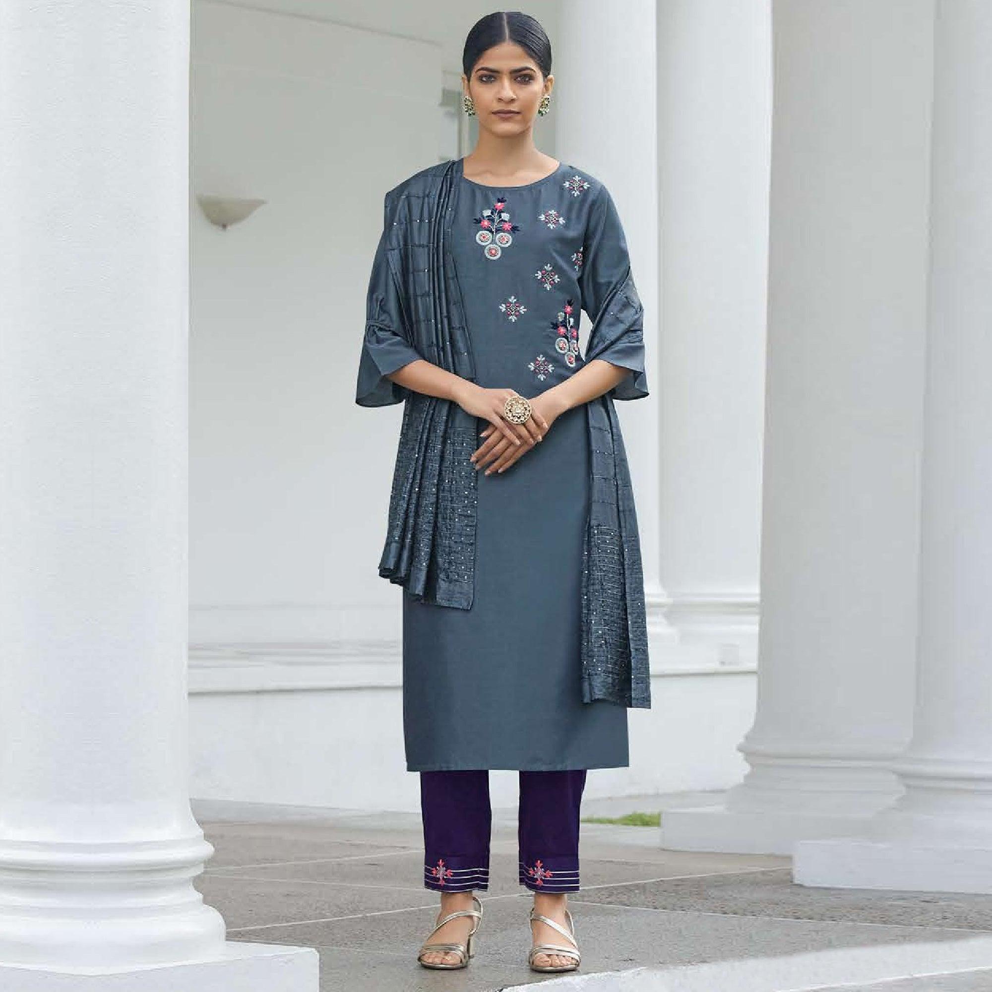 Grey Partywear Heavy Hand Work Bember Silk Suit - Peachmode