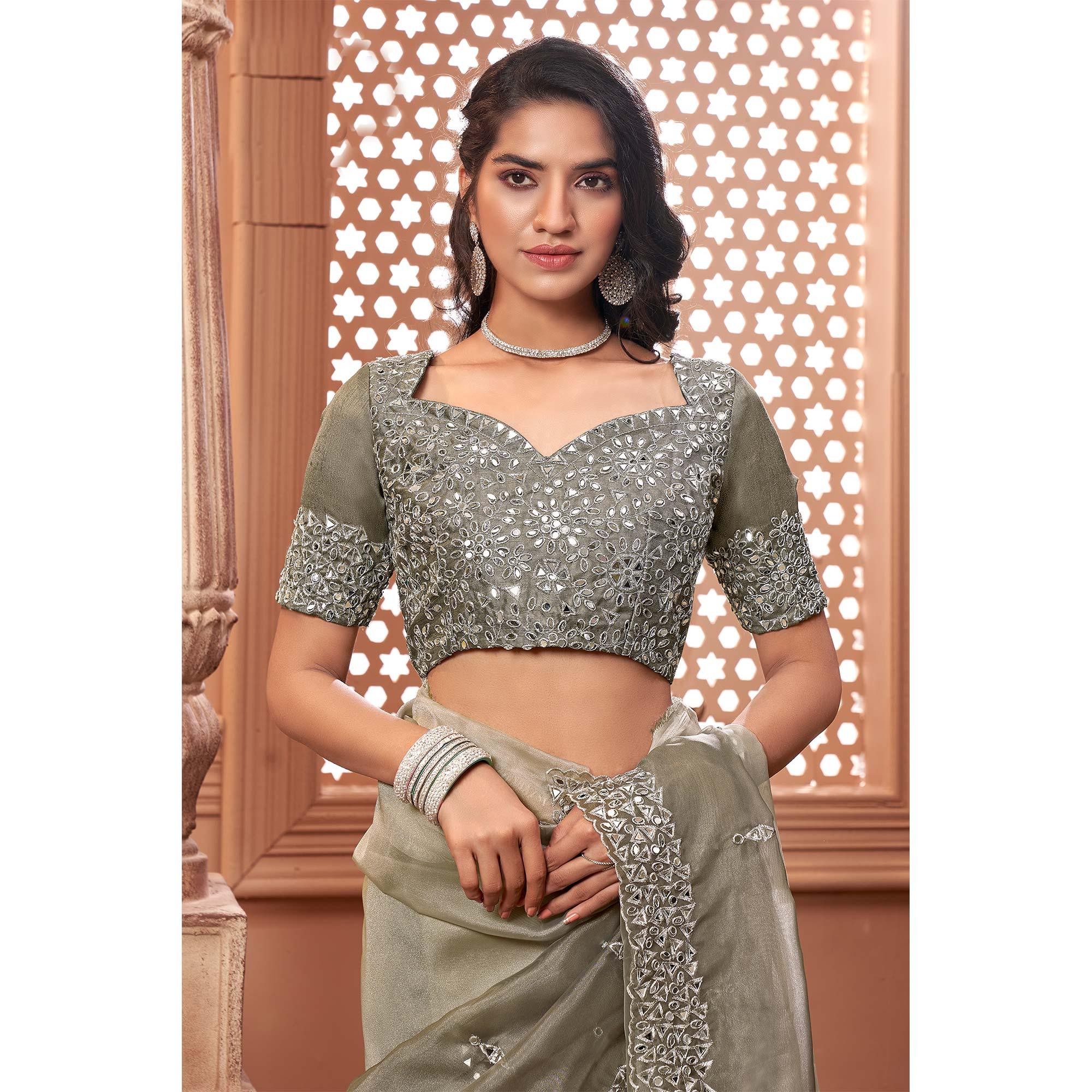Grey Partywear Mirror Work Embroidered Organza Saree - Peachmode