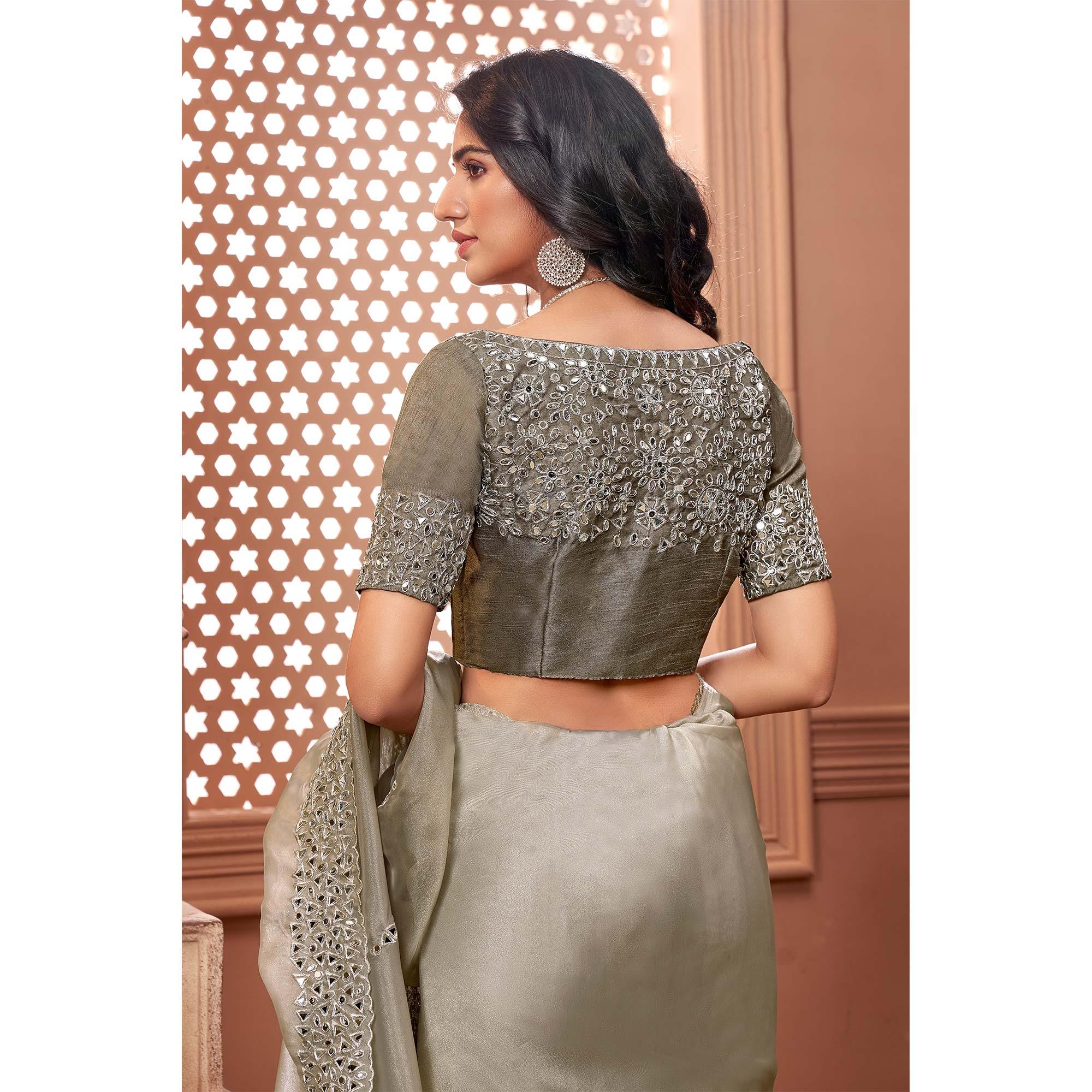 Grey Partywear Mirror Work Embroidered Organza Saree - Peachmode