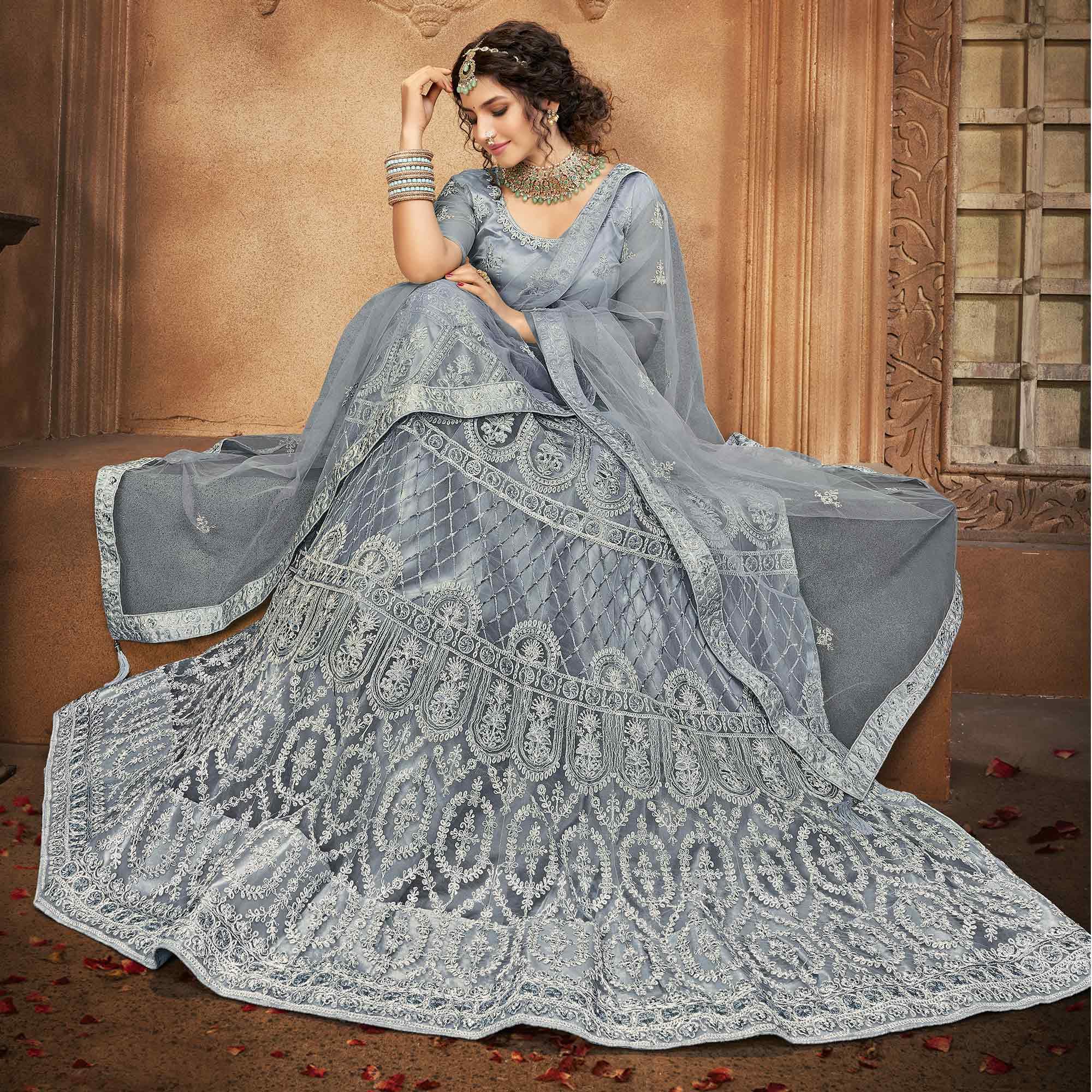Grey Partywear Multi Sequence Embroidered Net Lehenga Choli - Peachmode