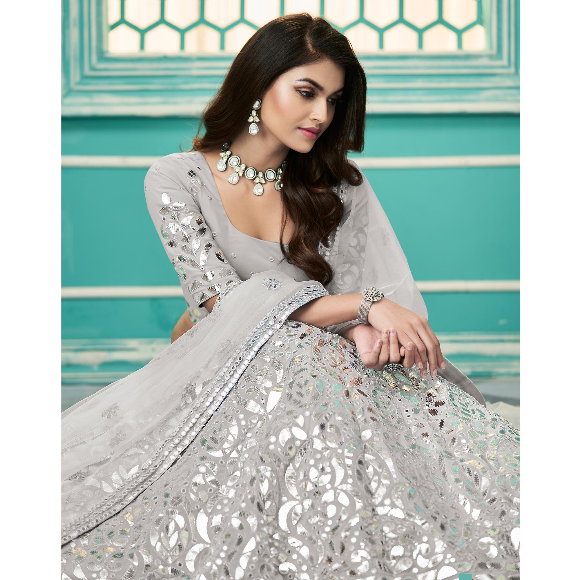 Grey Partywear Sequence Embroidered Georgette Lehenga Choli - Peachmode