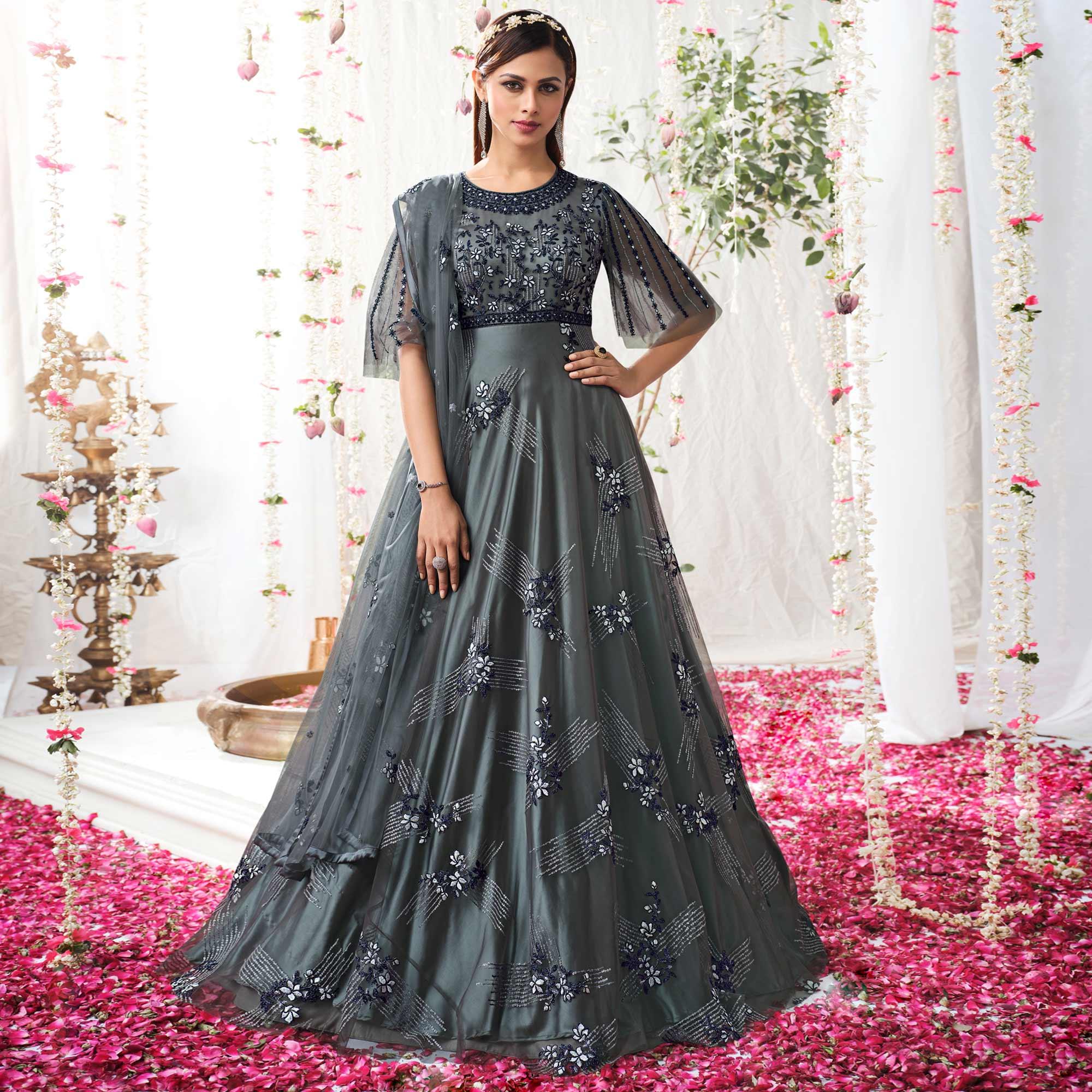Grey Partywear Sequence Embroidered Net Gown - Peachmode