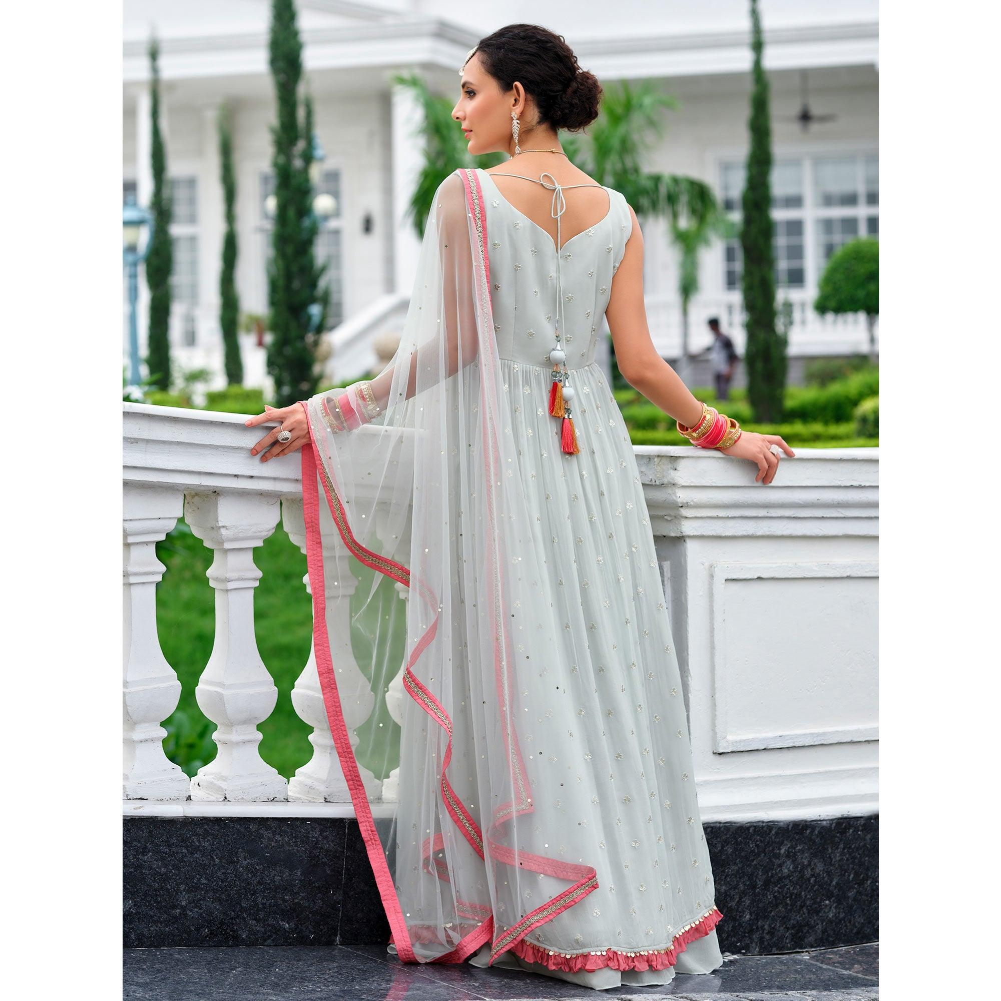 Grey Partywear Sequence Embroidered Pure Viscose Anarkali Suit - Peachmode