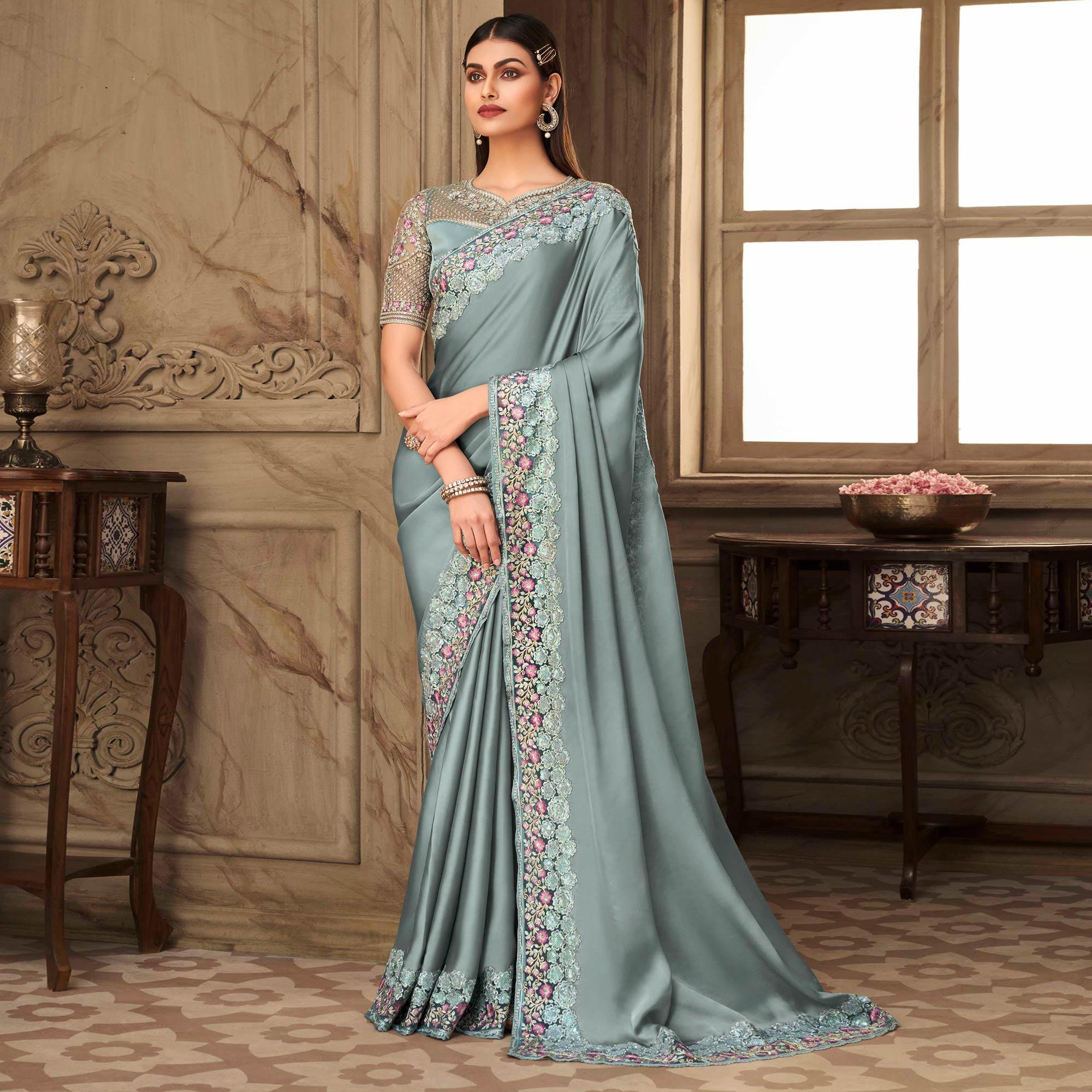 Grey Partywear Sequence Embroidered Silk Saree - Peachmode
