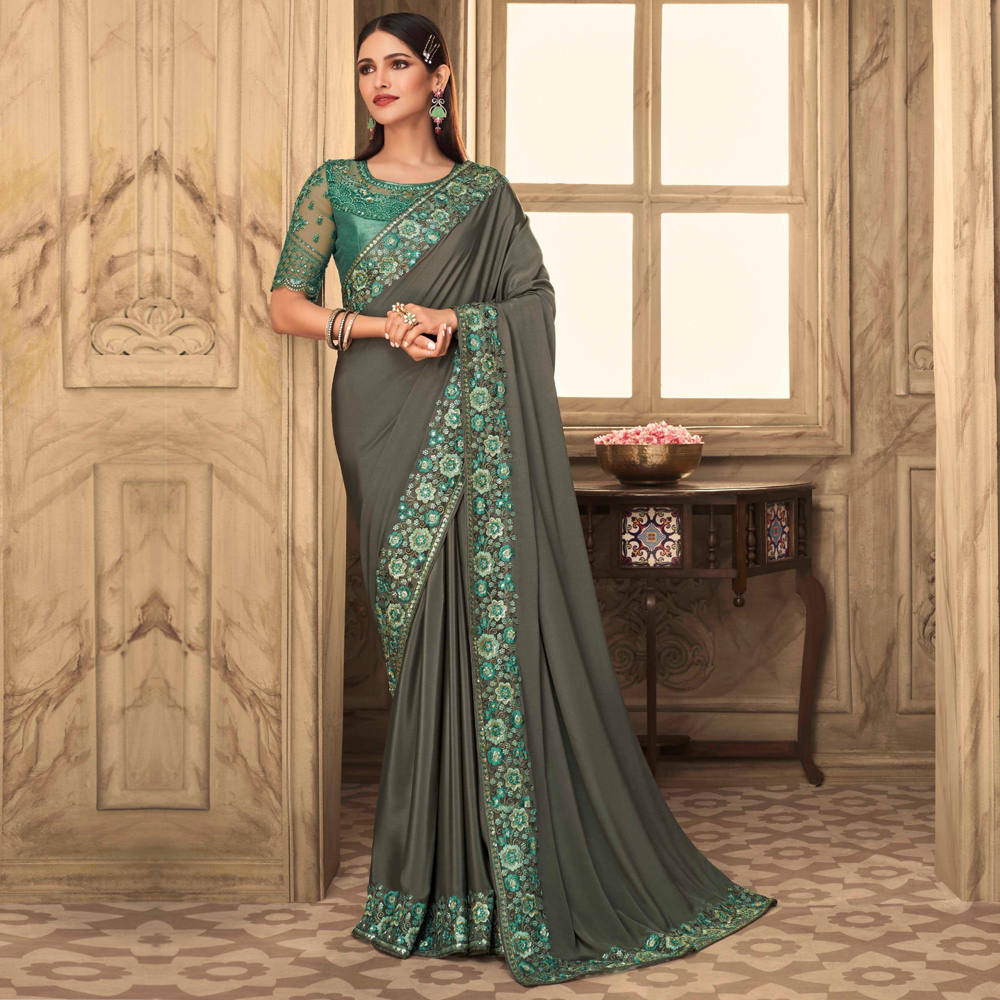Grey Partywear Sequence Embroidered Silk Saree - Peachmode