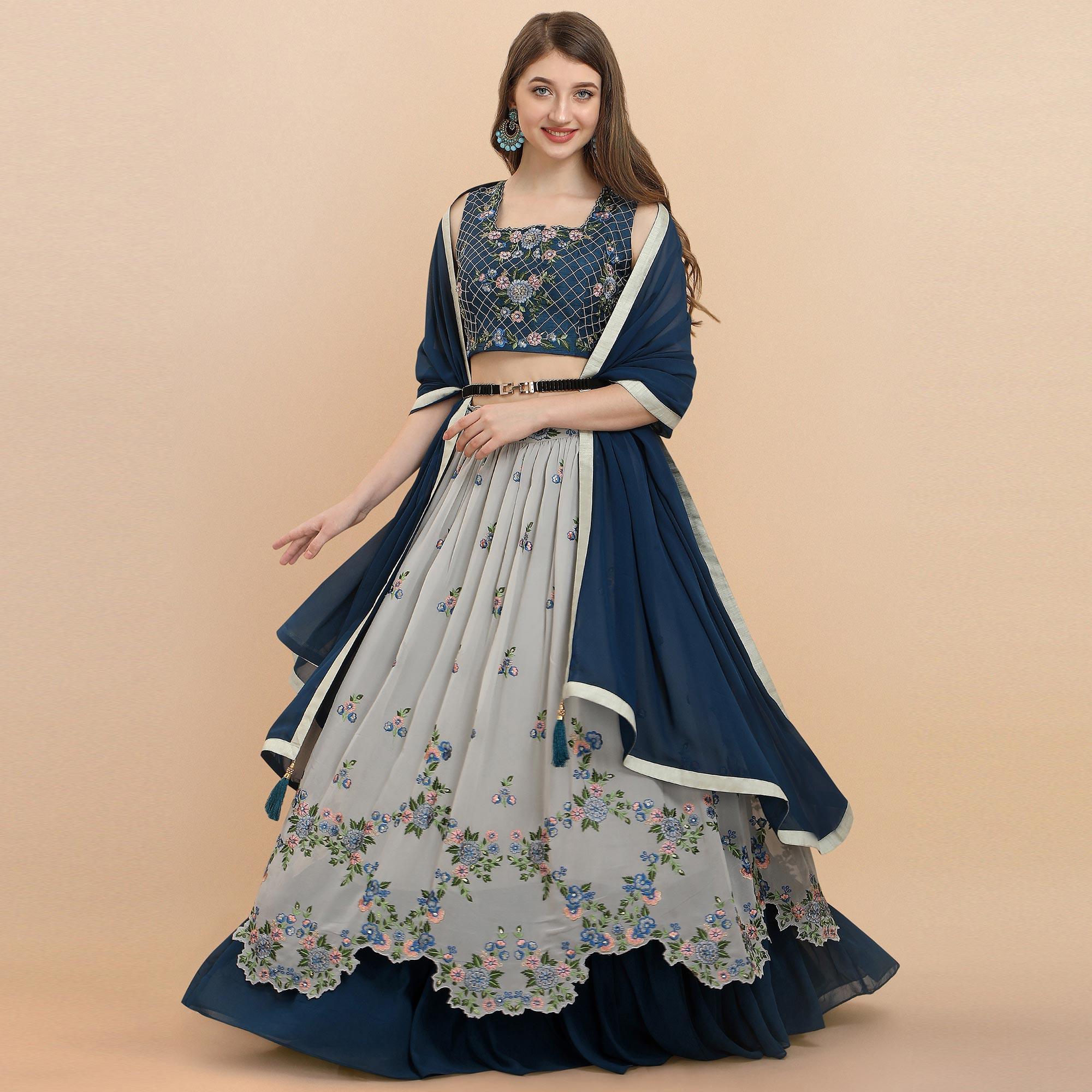Grey Partywear Sequence Floral Embroidered Georgette Lehenga Choli - Peachmode