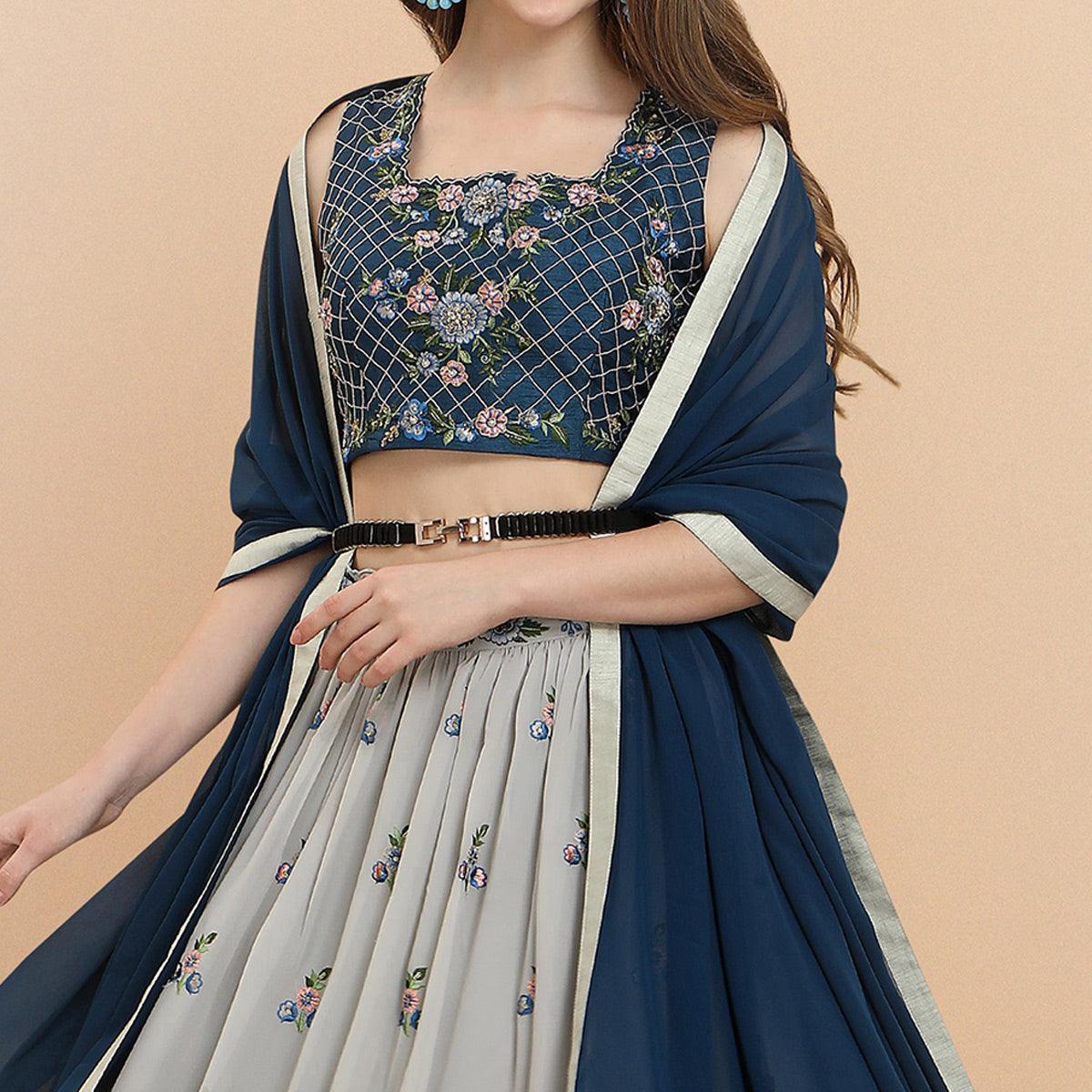 Grey Partywear Sequence Floral Embroidered Georgette Lehenga Choli - Peachmode