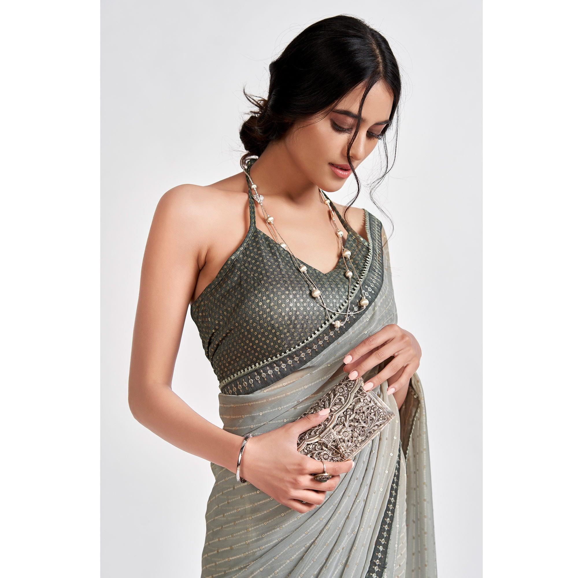 Grey Partywear Sequence Foil Printed Georgette Saree - Peachmode