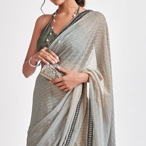 Grey Partywear Sequence Foil Printed Georgette Saree - Peachmode