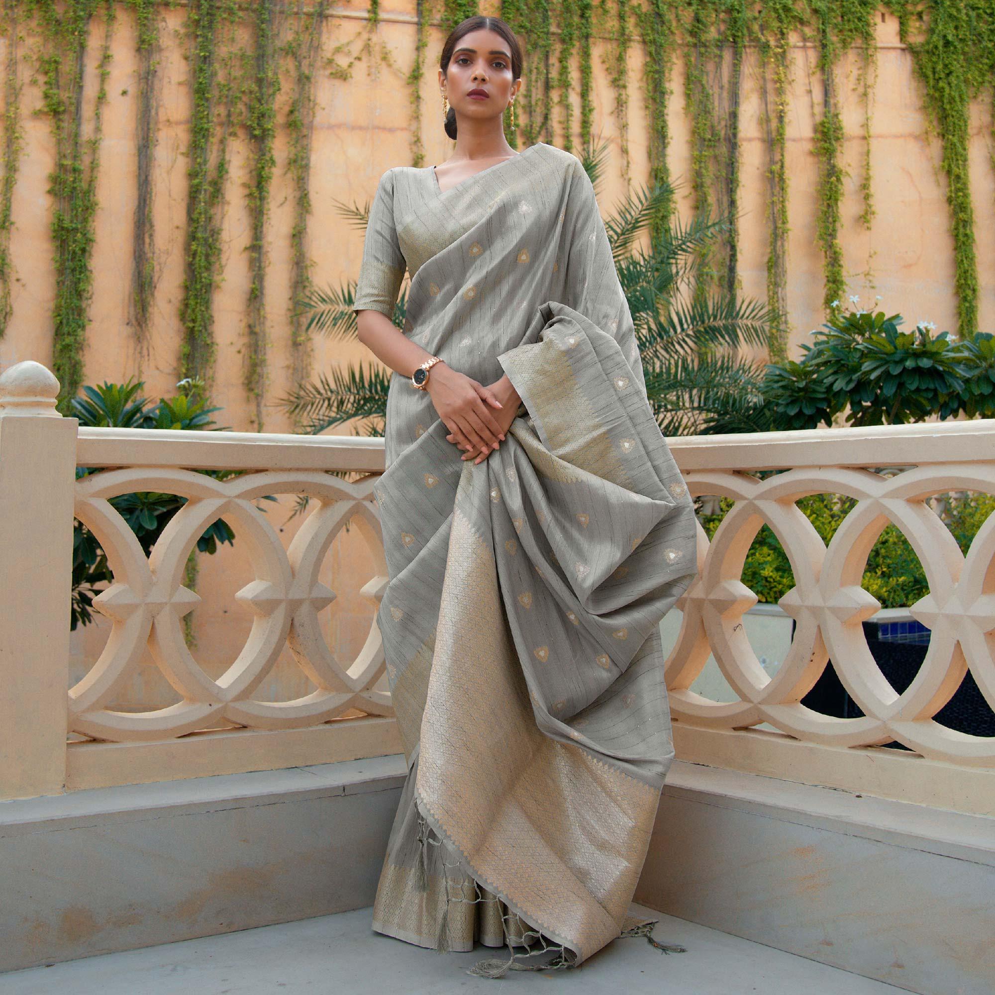 Grey Partywear Sequence Woven Silk Saree - Peachmode