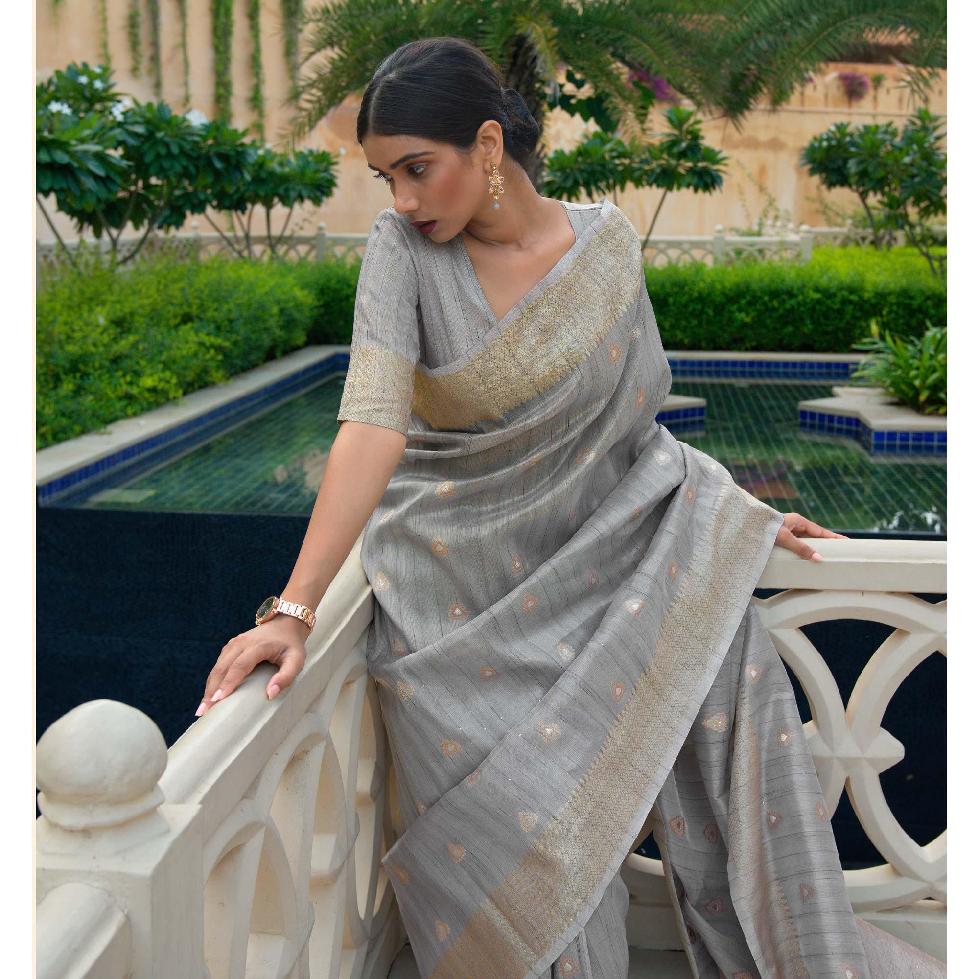 Grey Partywear Sequence Woven Silk Saree - Peachmode