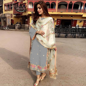 Grey Partywear Straight cut Style Embroidery and Moti Work faux Georgette Salwar Suit - Peachmode