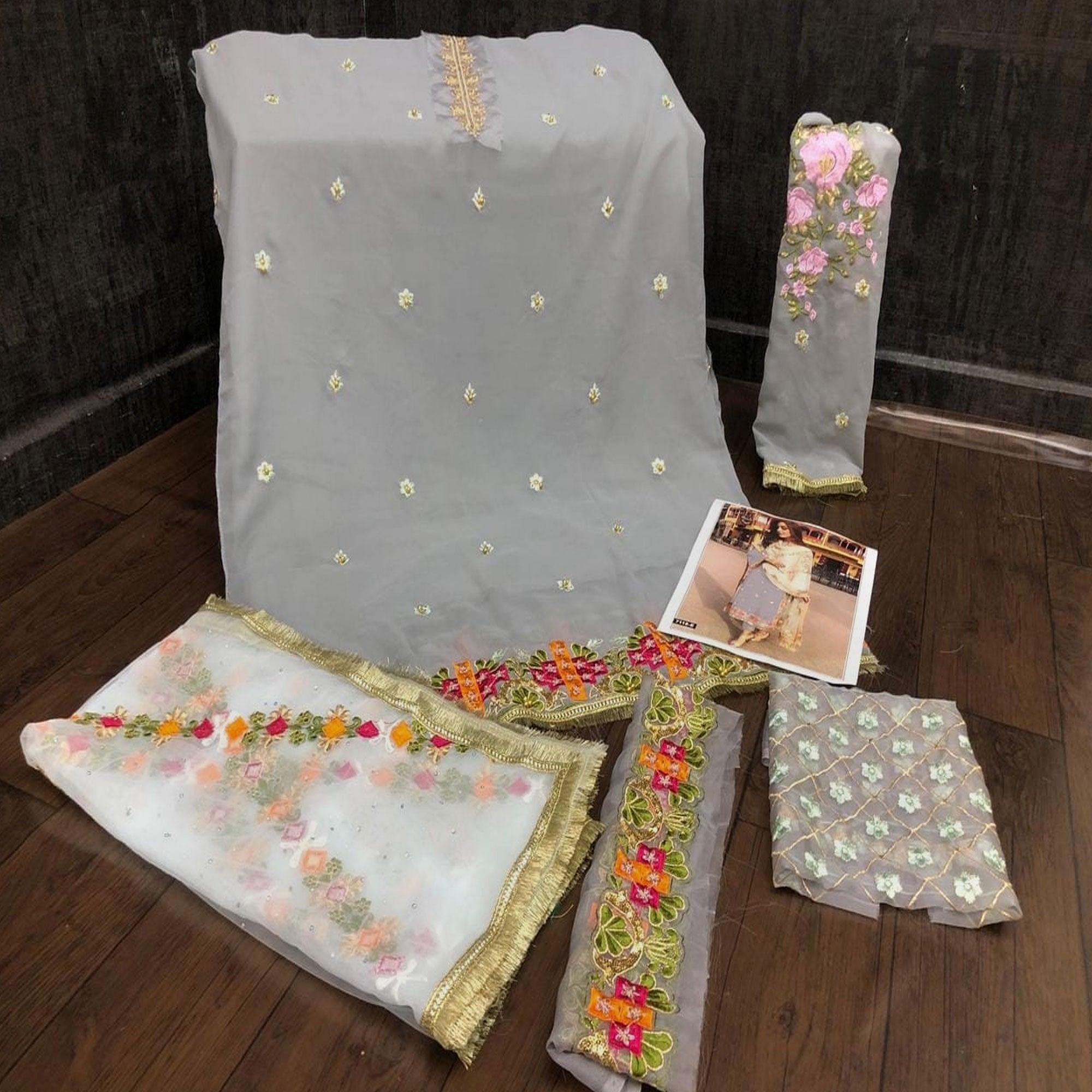 Grey Partywear Straight cut Style Embroidery and Moti Work faux Georgette Salwar Suit - Peachmode
