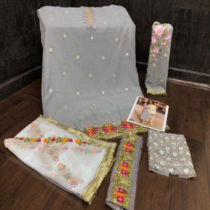 Grey Partywear Straight cut Style Embroidery and Moti Work faux Georgette Salwar Suit - Peachmode