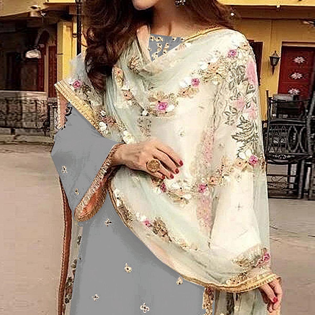 Grey Partywear Straight cut Style Embroidery and Moti Work faux Georgette Salwar Suit - Peachmode
