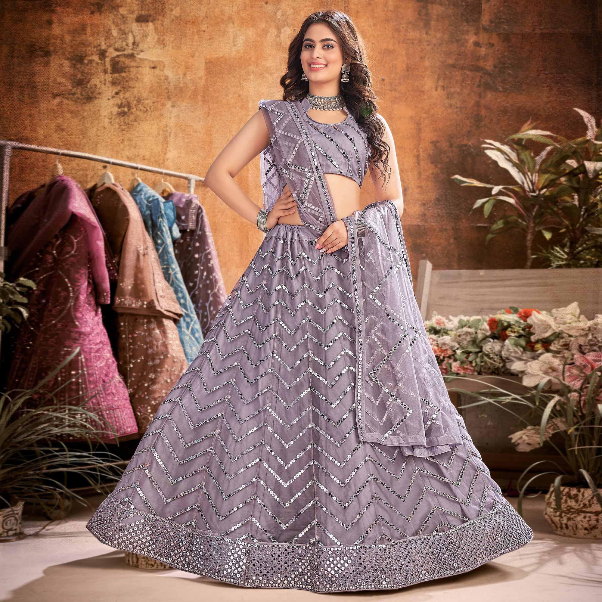 Grey Partywear Thread Sequence Soft Net Lehenga Choli - Peachmode