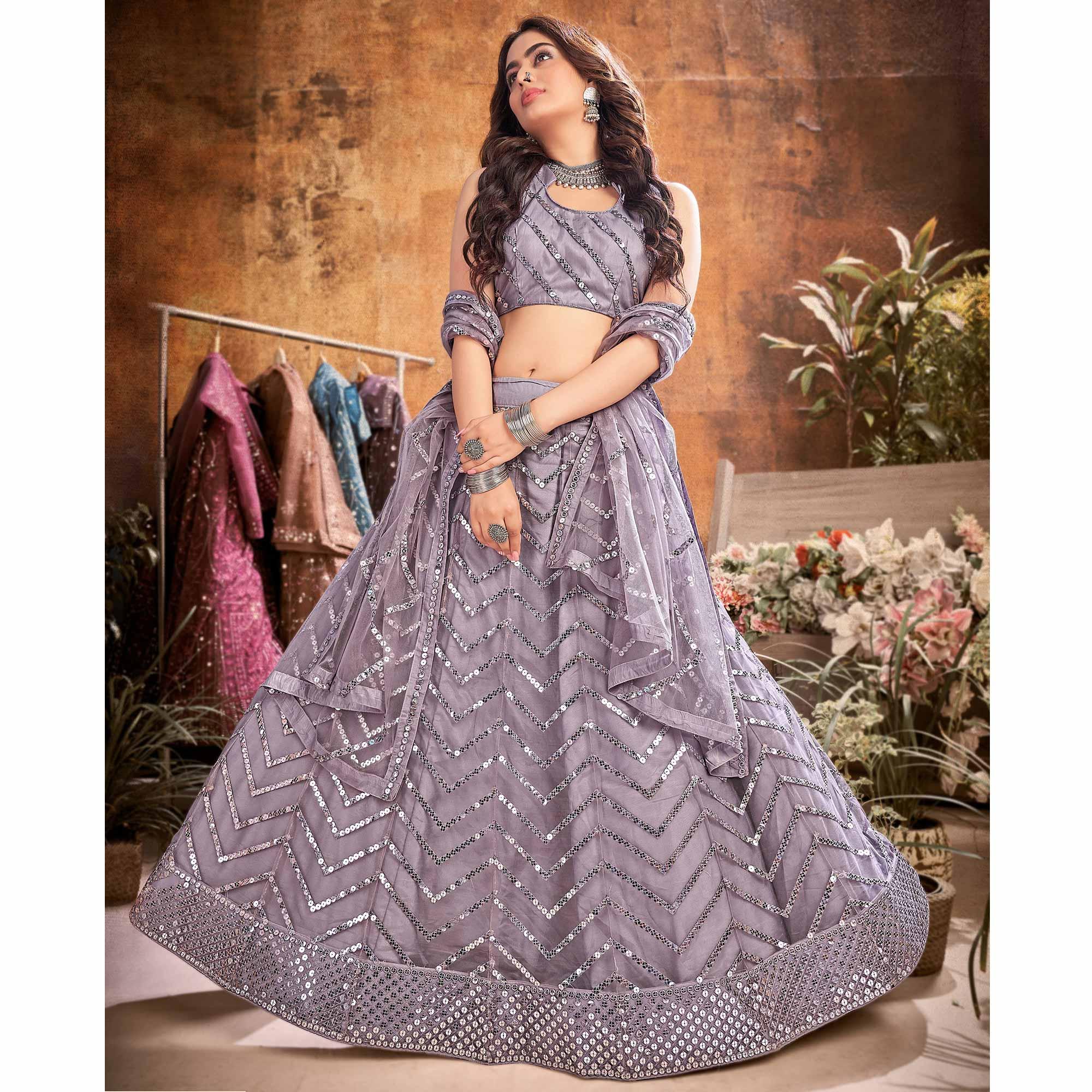 Grey Partywear Thread Sequence Soft Net Lehenga Choli - Peachmode