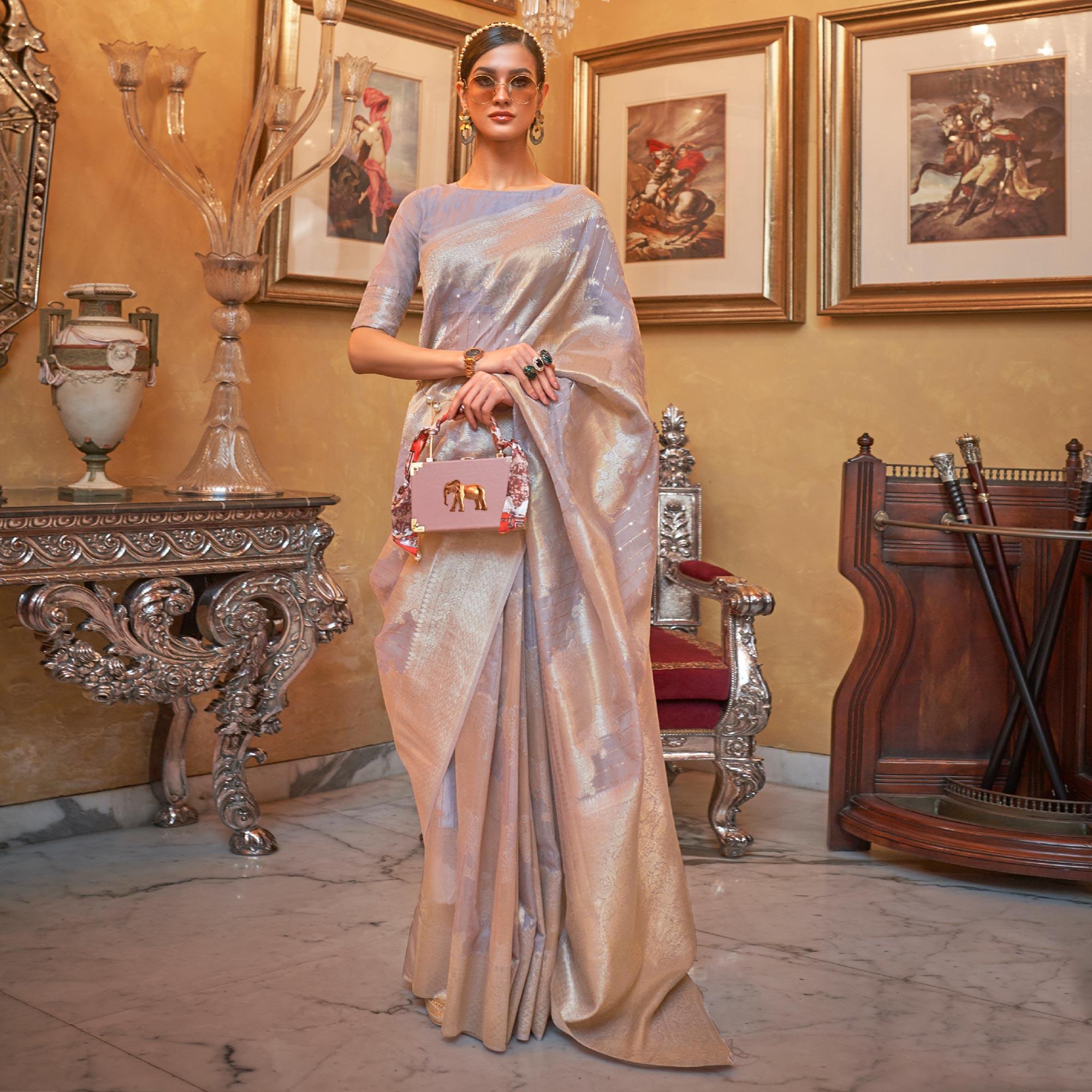 Grey Partywear Wear Woven Chanderi Saree - Peachmode