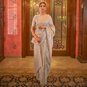 Grey Partywear Wear Woven Chanderi Silk Saree - Peachmode