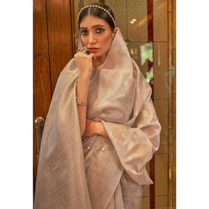 Grey Partywear Wear Woven Chanderi Silk Saree - Peachmode