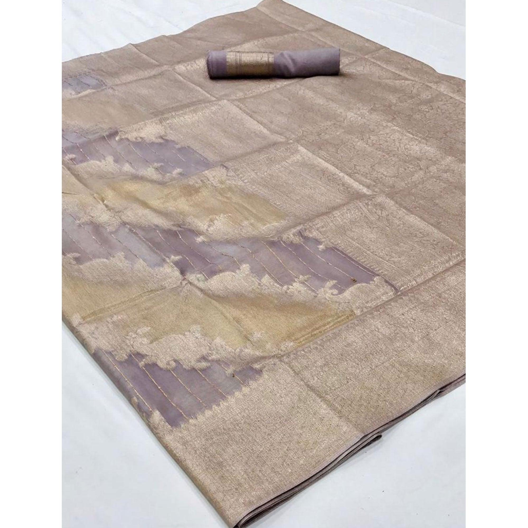 Grey Partywear Wear Woven Chanderi Silk Saree - Peachmode