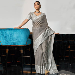 Grey Partywear Woven Linen Saree - Peachmode