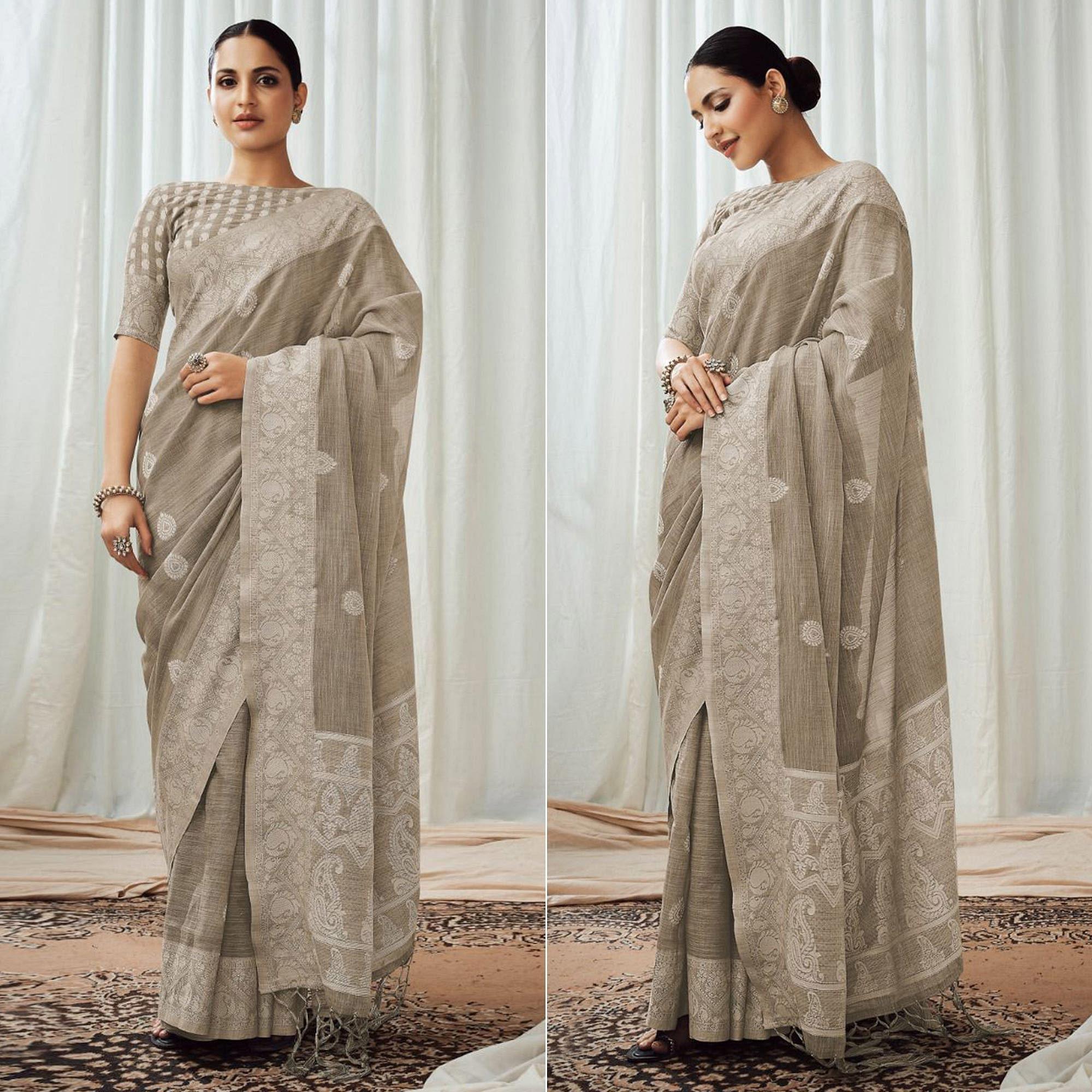 Grey Partywear Woven Lucknowi Linen Saree - Peachmode