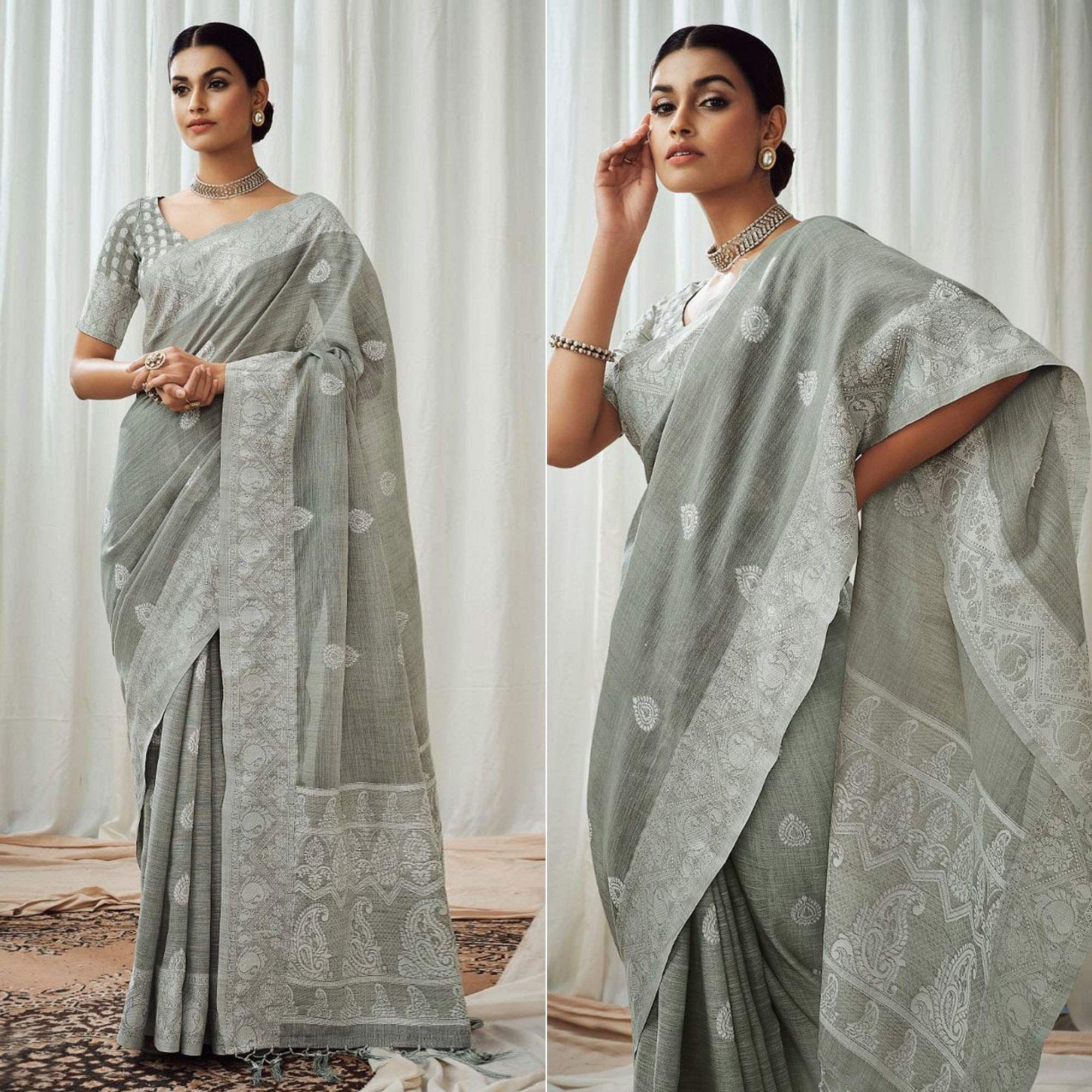 Grey Partywear Woven Lucknowi Linen Saree - Peachmode