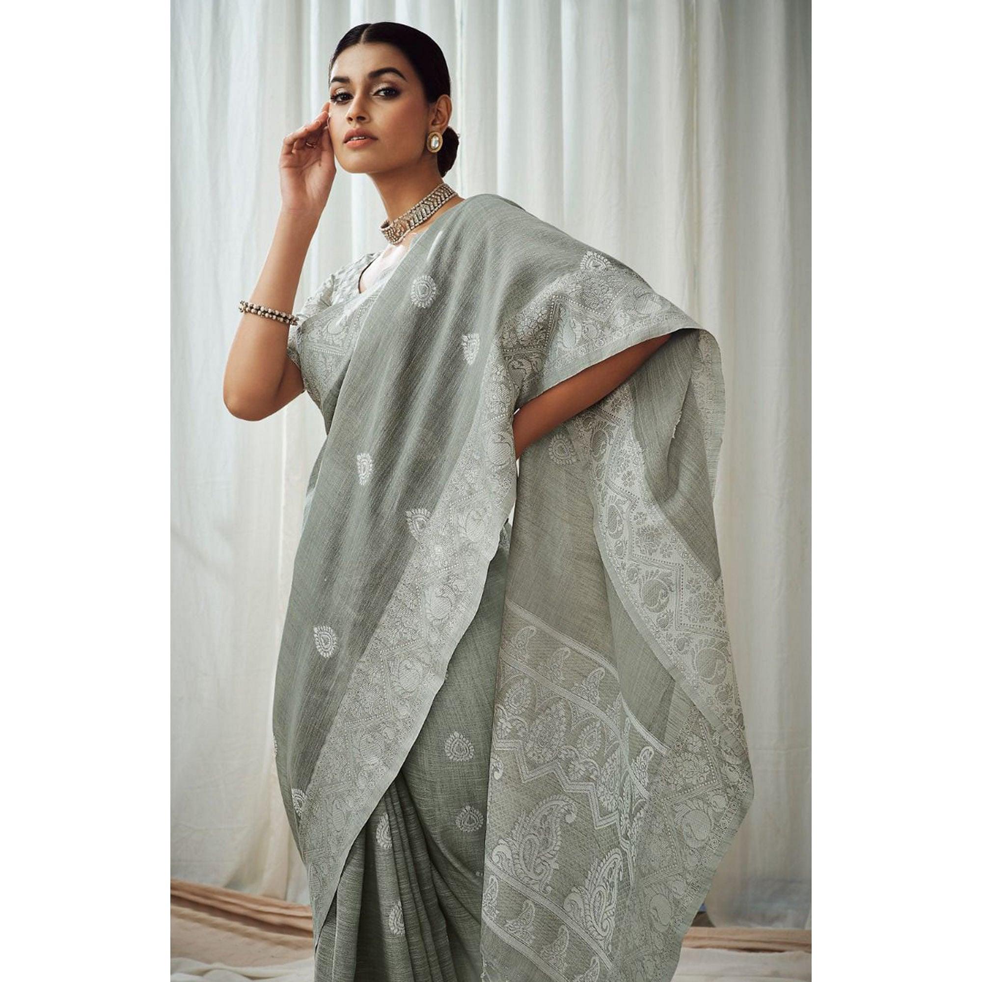 Grey Partywear Woven Lucknowi Linen Saree - Peachmode