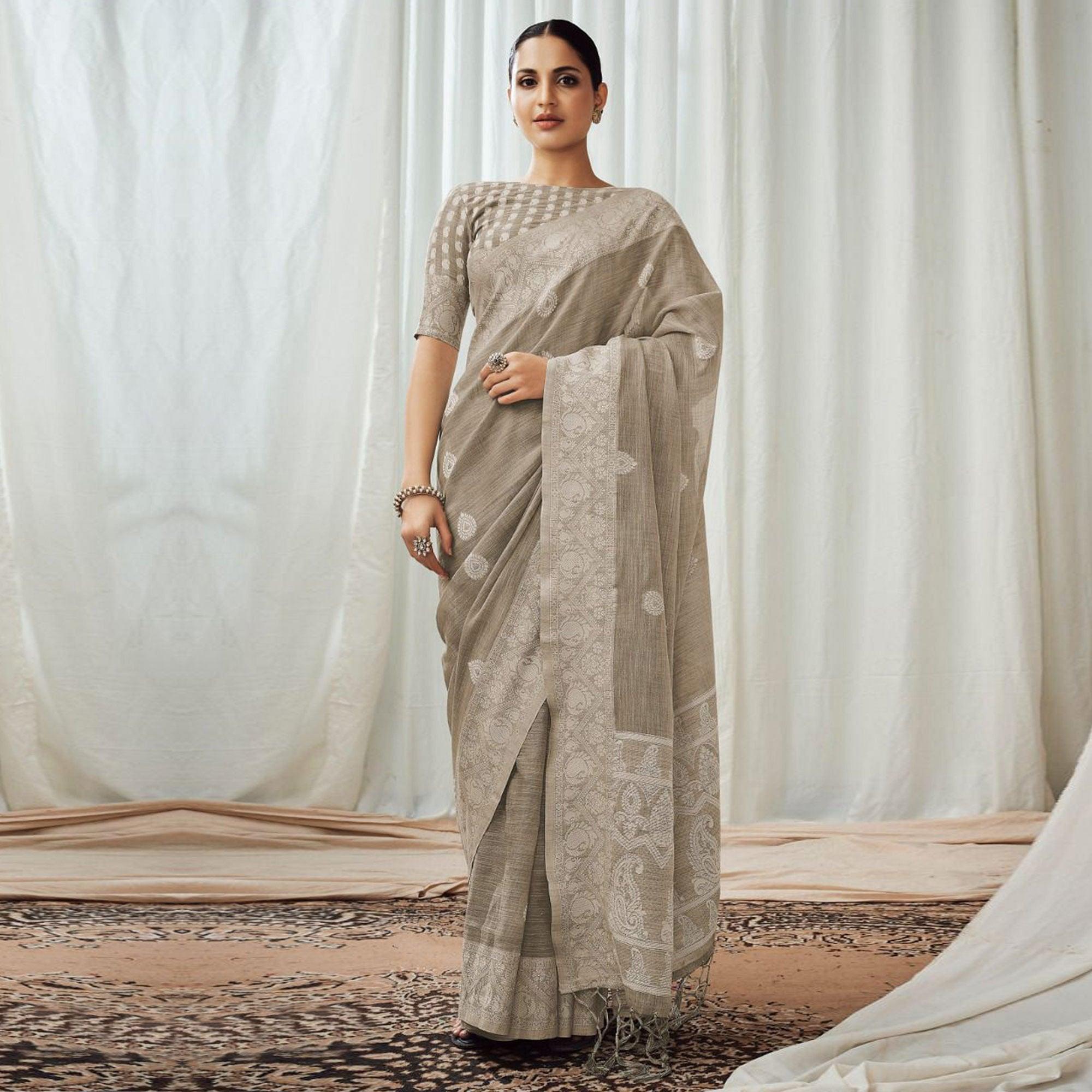 Grey Partywear Woven Lucknowi Linen Saree - Peachmode