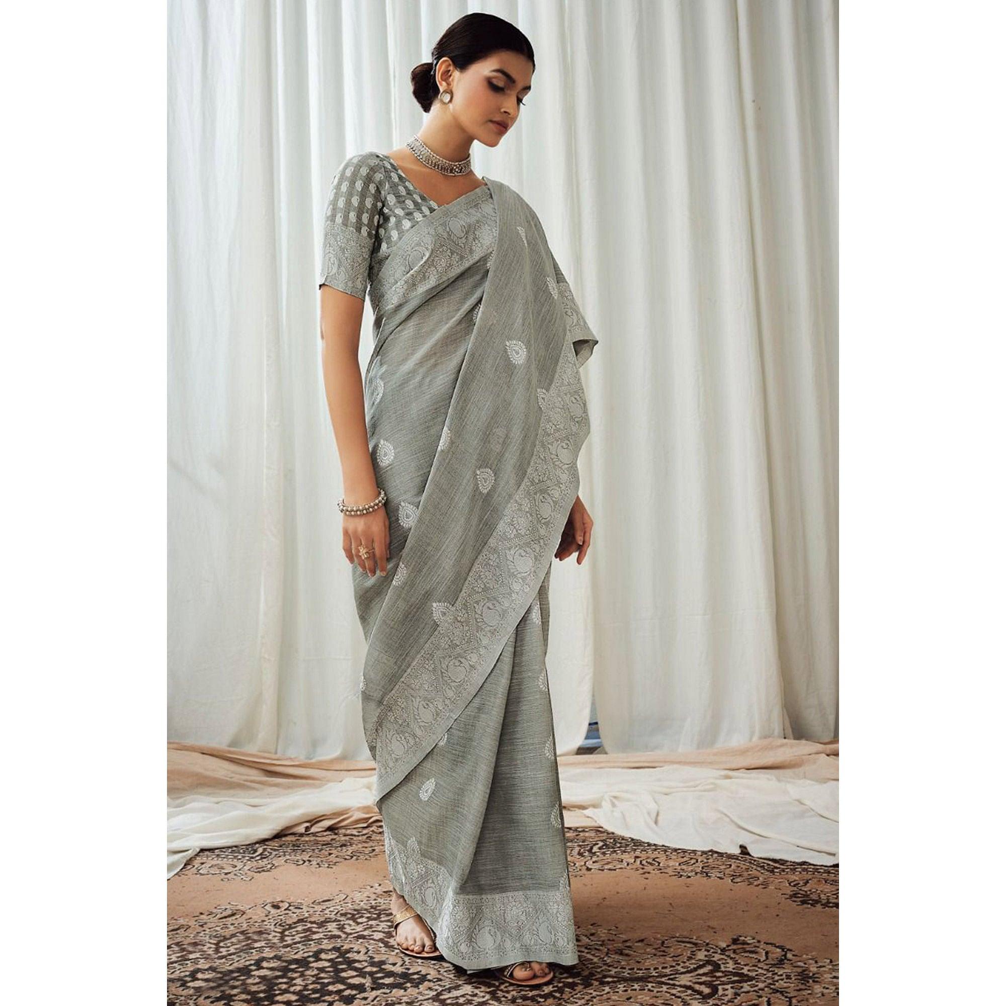Grey Partywear Woven Lucknowi Linen Saree - Peachmode