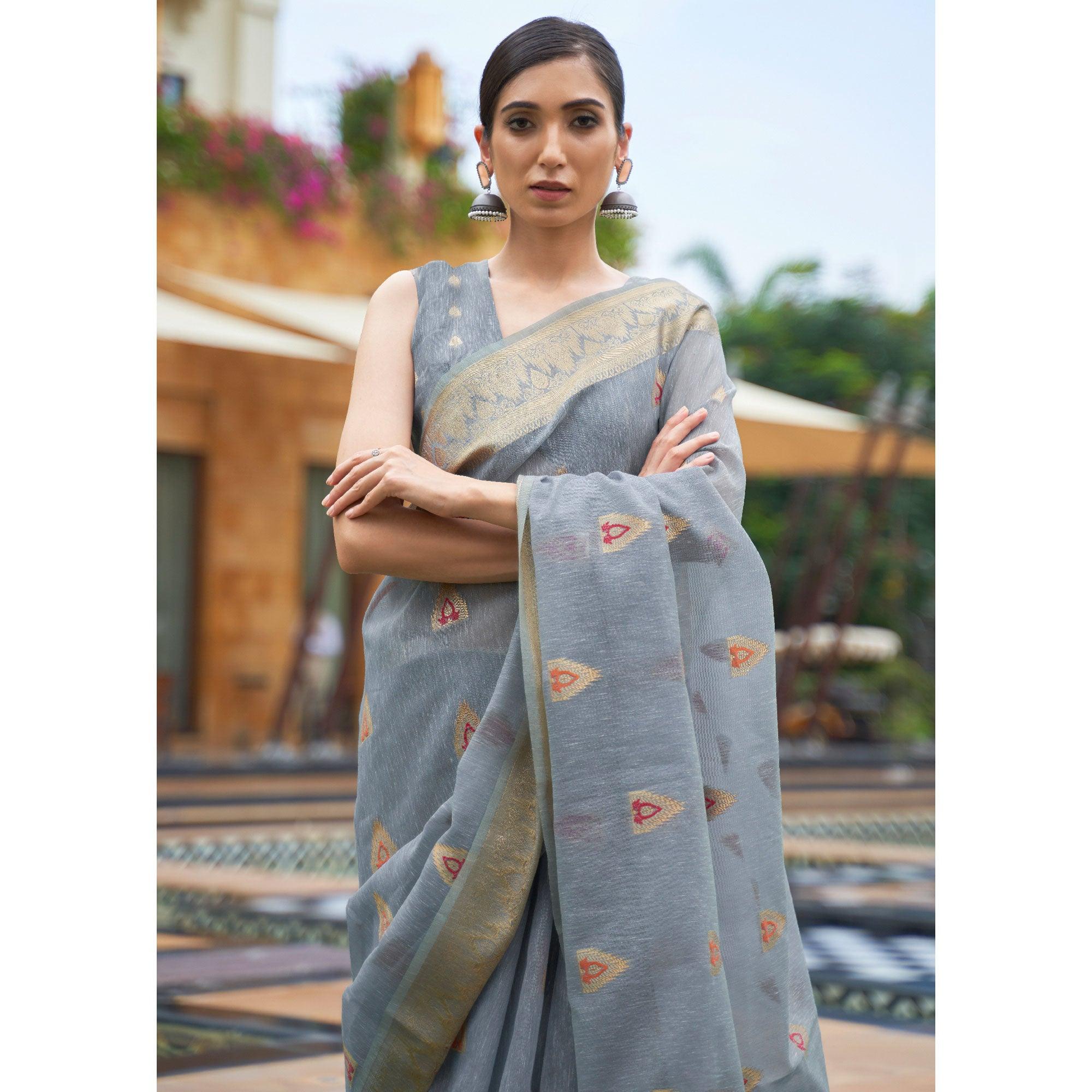 Grey Partywear Woven Pure Linen Saree - Peachmode