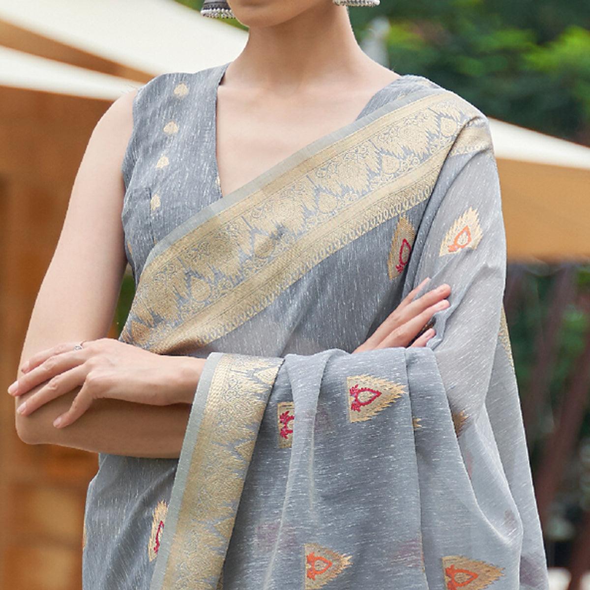 Grey Partywear Woven Pure Linen Saree - Peachmode