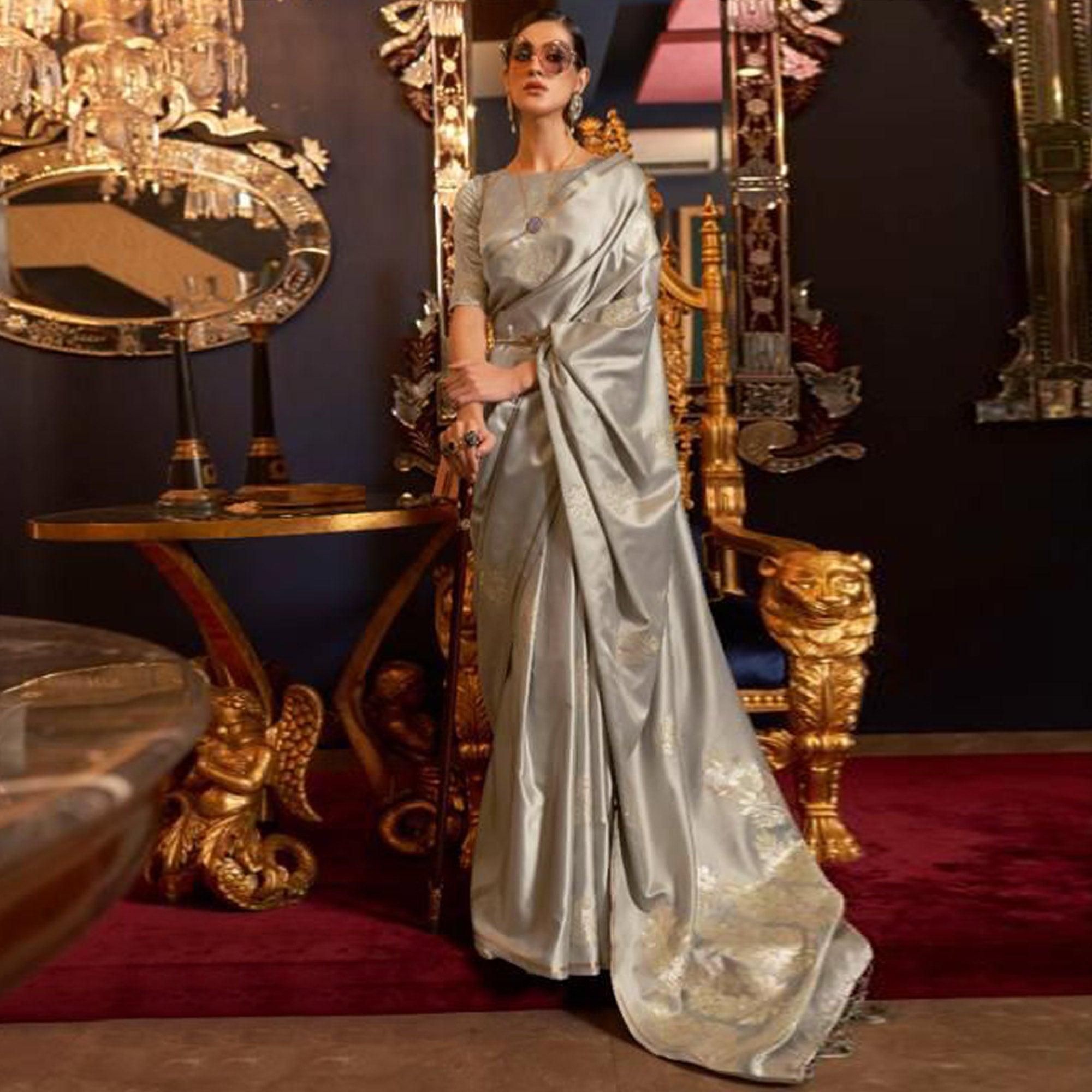 Grey Partywear Woven Satin Saree - Peachmode