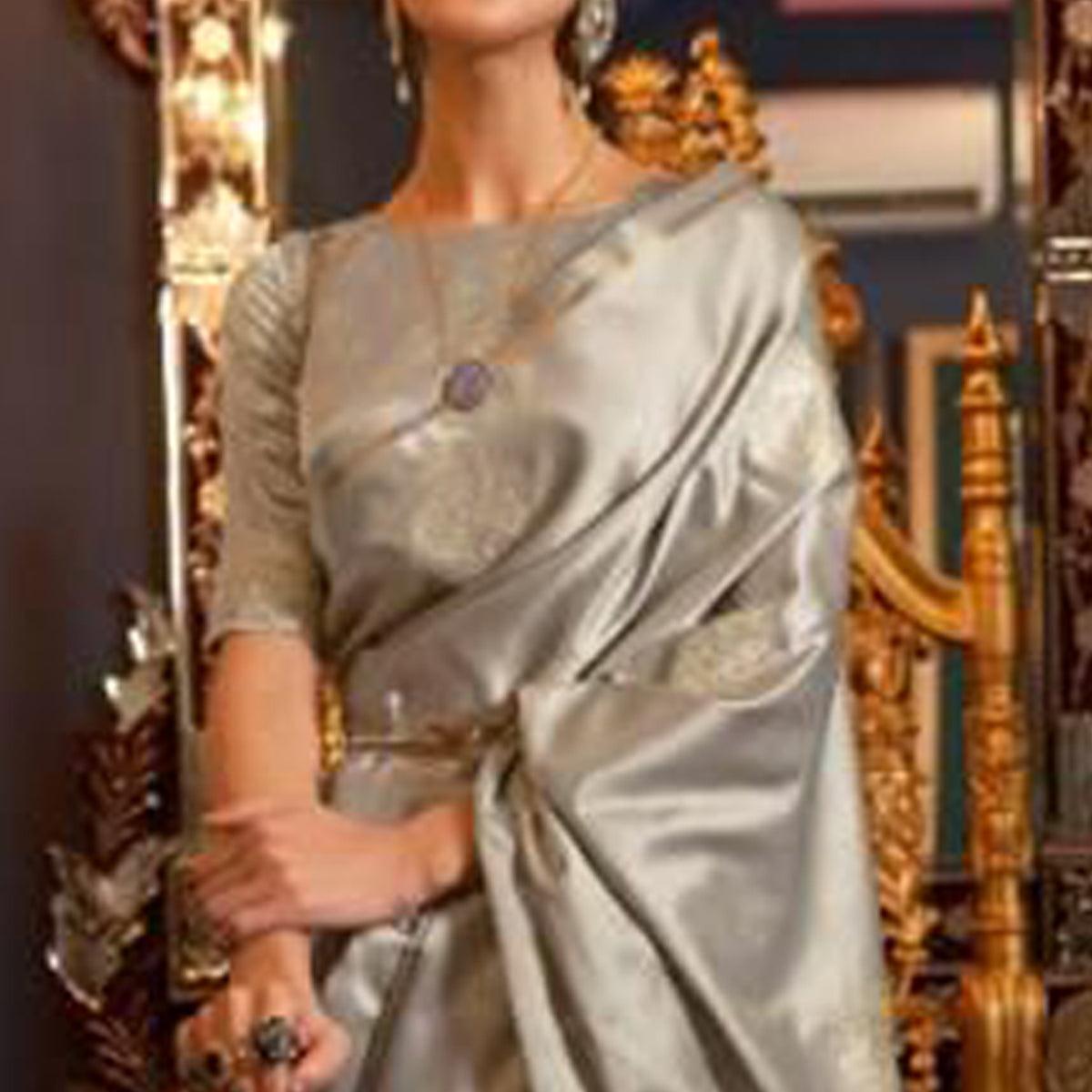 Grey Partywear Woven Satin Saree - Peachmode