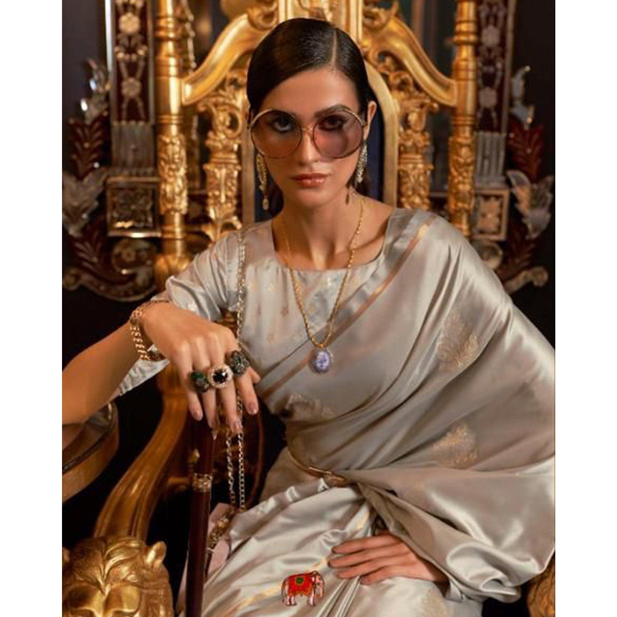 Grey Partywear Woven Satin Saree - Peachmode