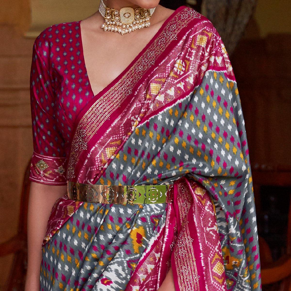 Grey Patola Printed Art Silk Saree With Tassels - Peachmode