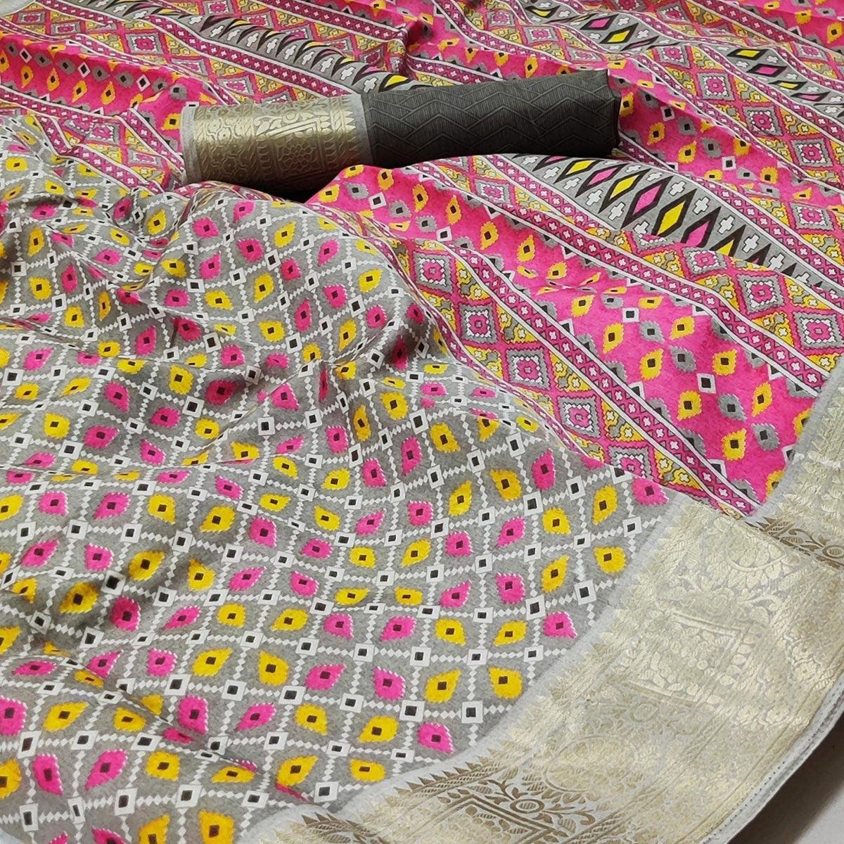 Grey Patola Printed Dola Silk Saree - Peachmode