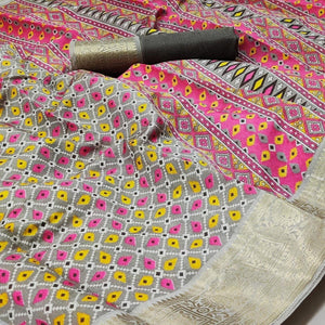 Grey Patola Printed Dola Silk Saree - Peachmode