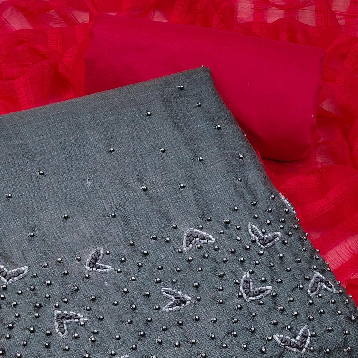 Grey Pearl Embroidered Pure Cotton Dress Material - Peachmode