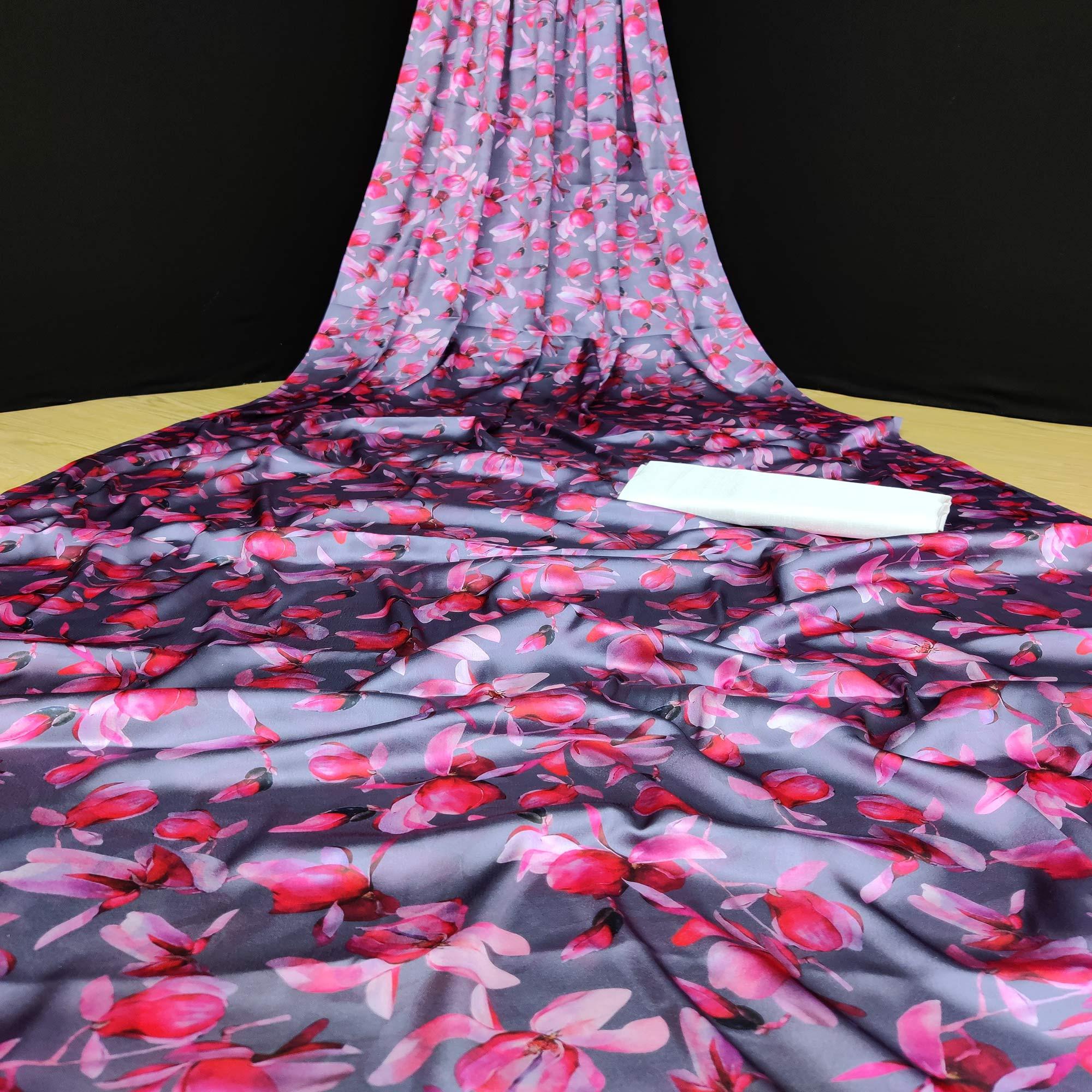 Grey-Pink Casual Wear Floral Digital Printed Satin Saree - Peachmode