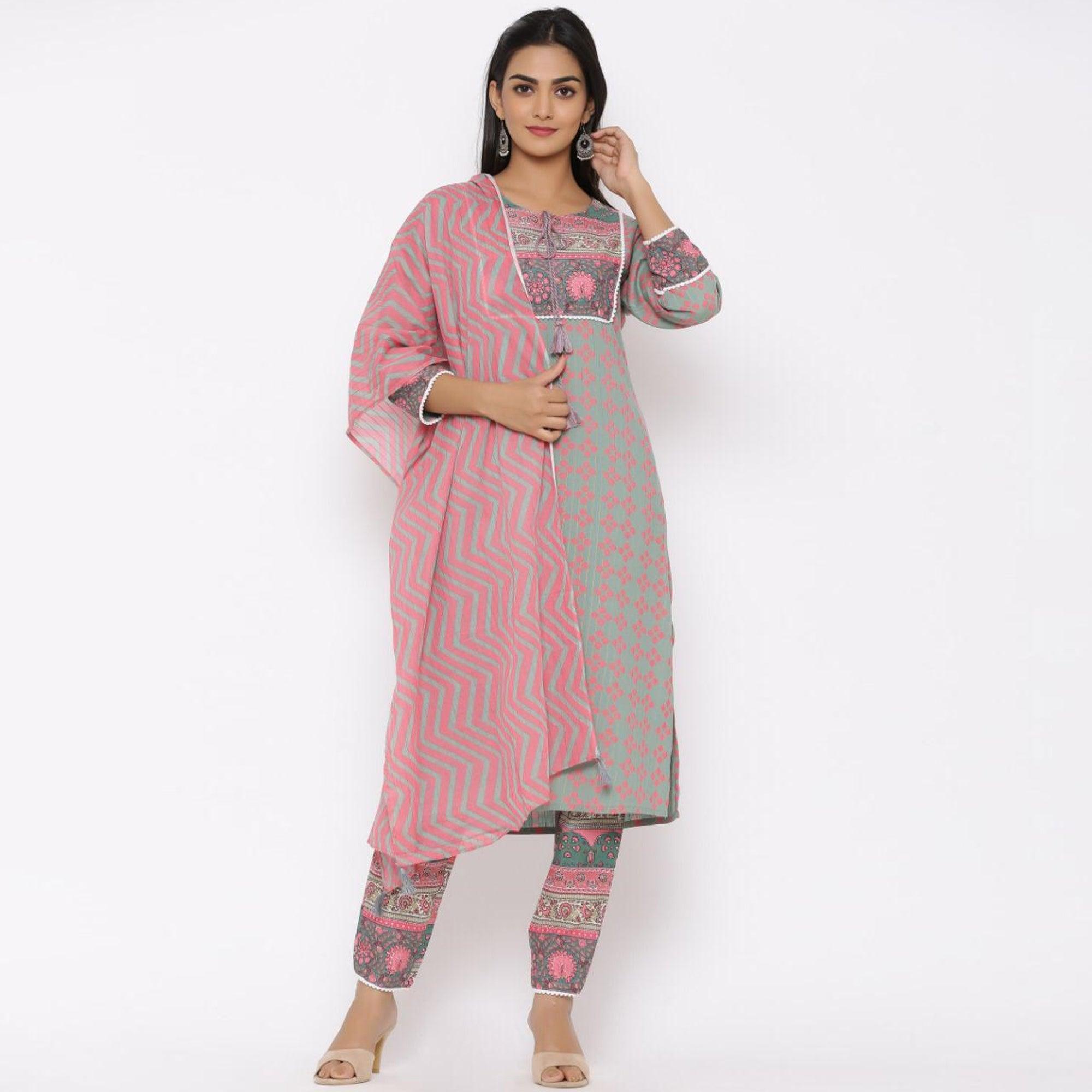 Grey - Pink Printed Poly Cotton Kurti Pant Set With Dupatta - Peachmode